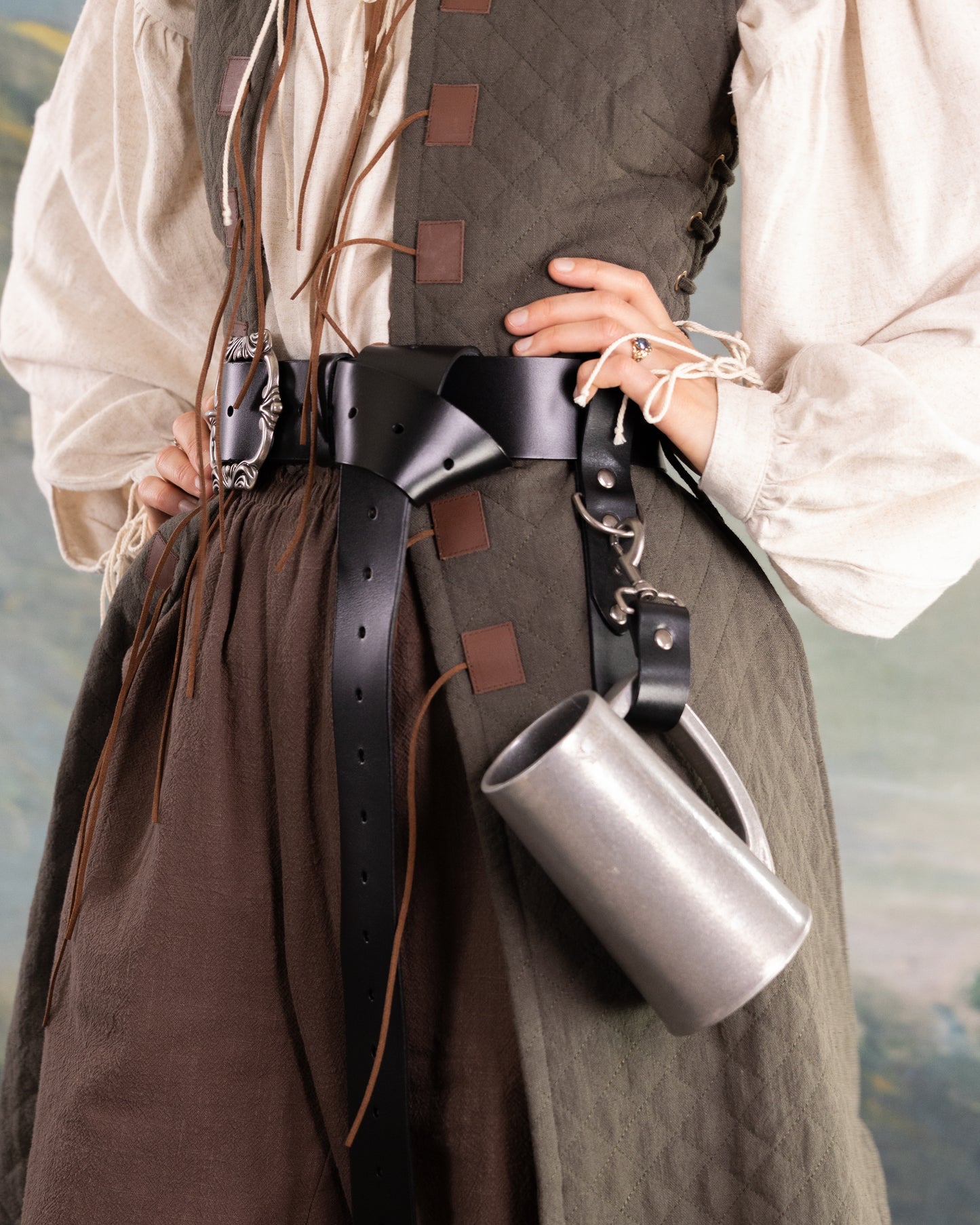Heavy Duty Leather Tankard Strap attached to costume belt holding a metal tankard securely with a clasp