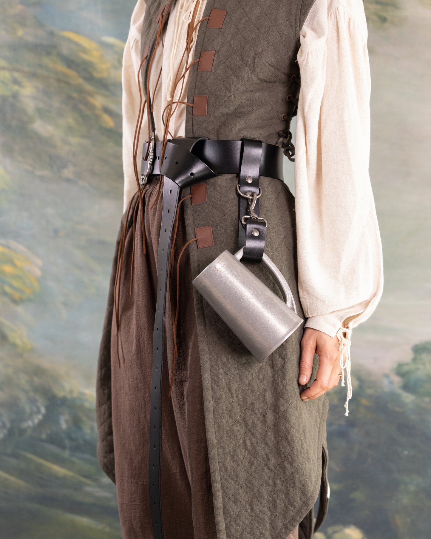 Heavy Duty Leather Tankard Strap worn on belt holding metal mug with secure clasp for easy access and removal