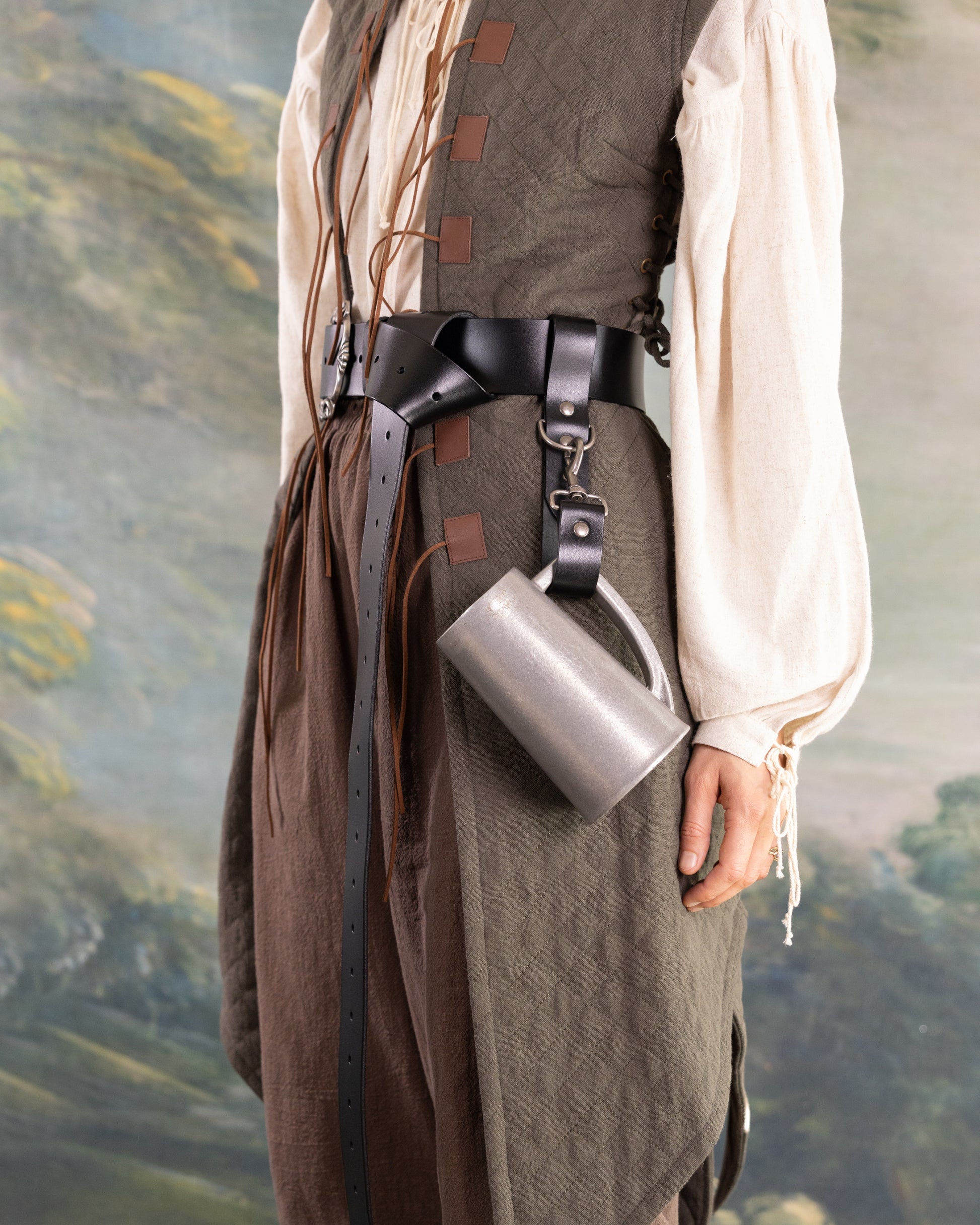 Heavy Duty Leather Tankard Strap worn on belt holding metal mug with secure clasp for easy access and removal