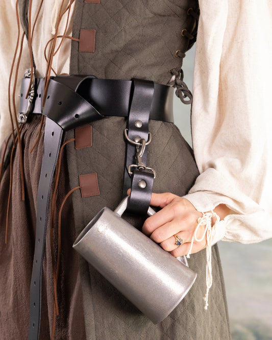 Heavy Duty Leather Tankard Strap attached to costume belt holding metal mug with clasp for easy access and removal