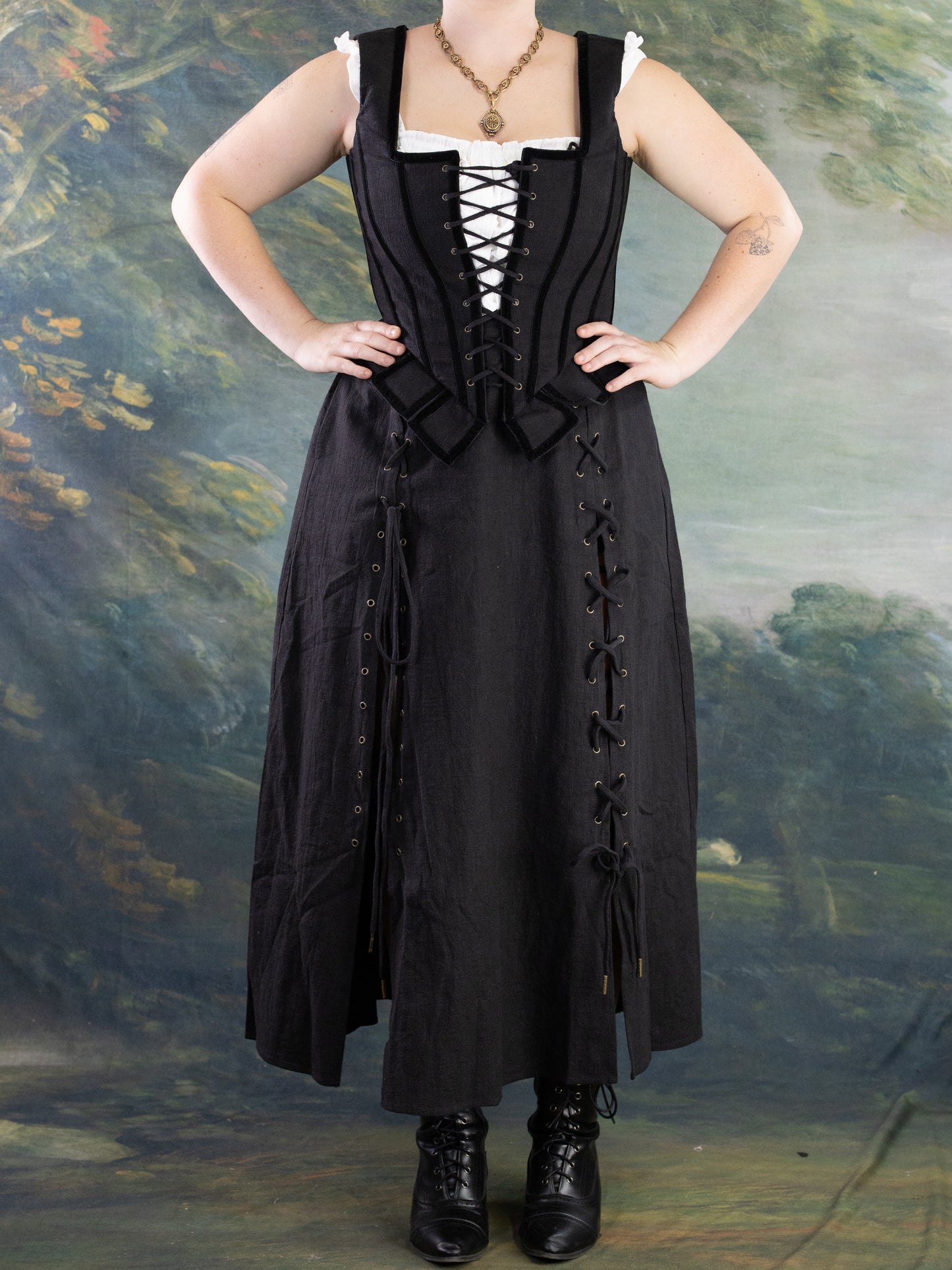 Front view of Black Pirate Doublet featuring lace-up front and side corset details in portrait orientation