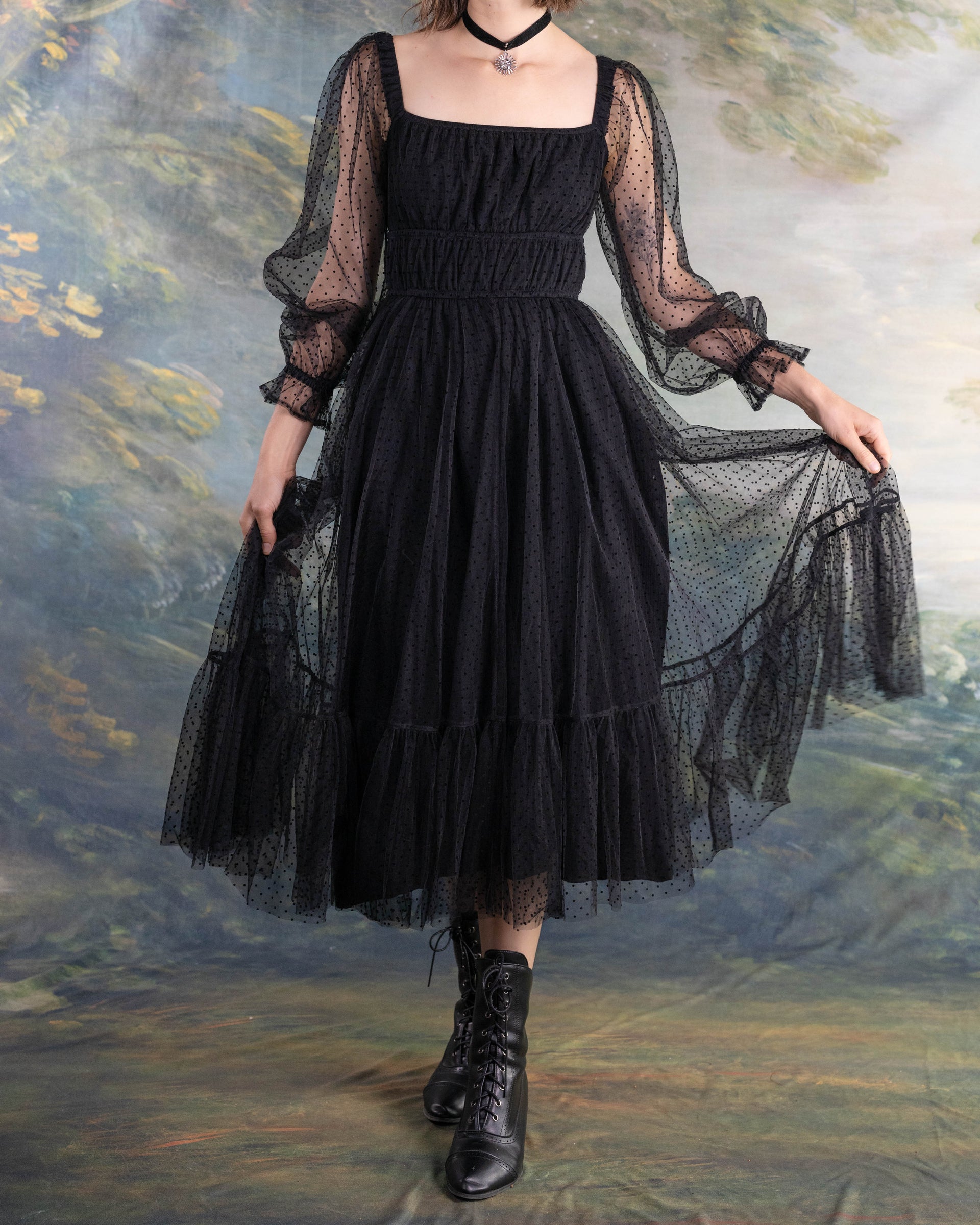 Black Tulle Dot Milkmaid Dress
