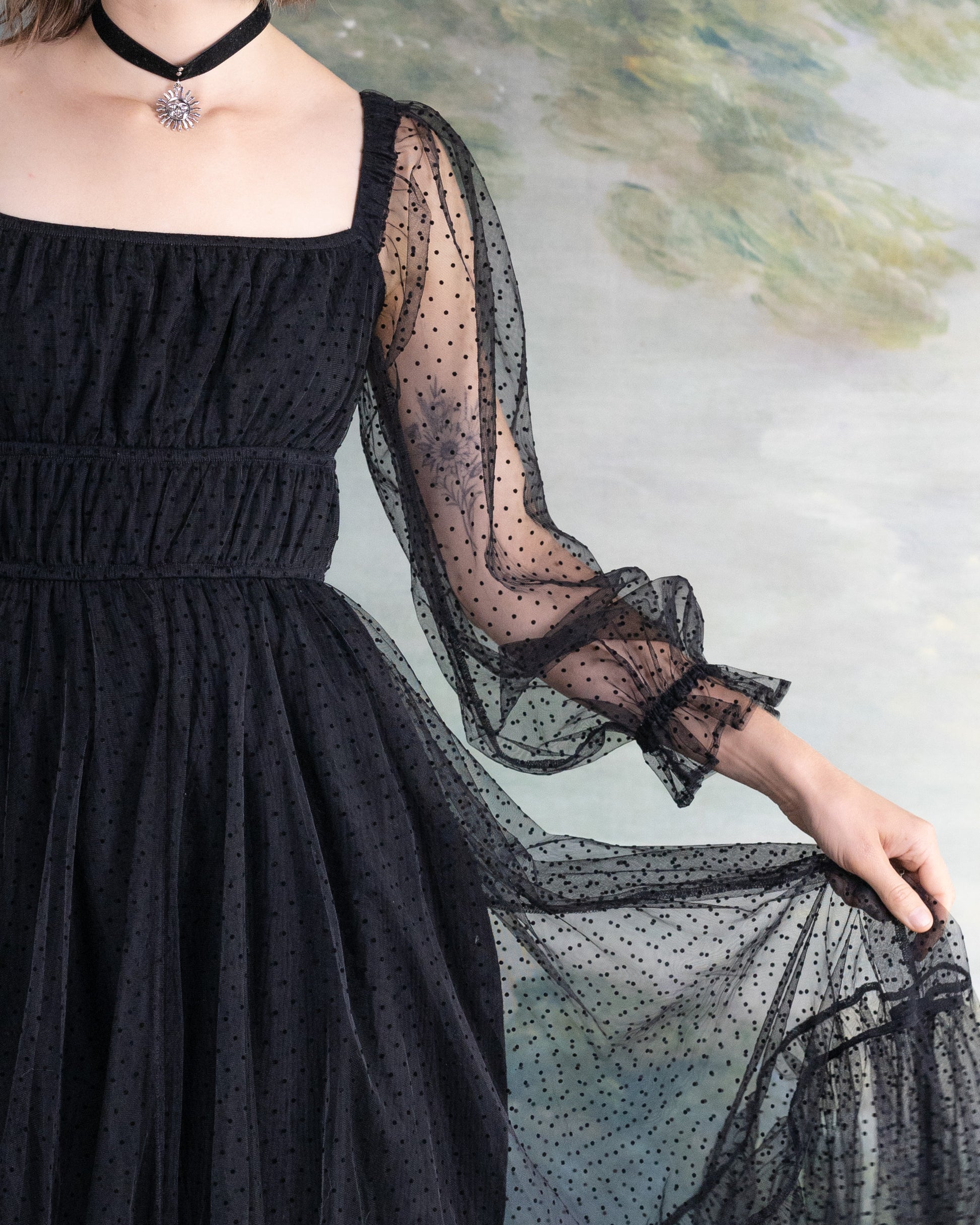 Black Tulle Dot Milkmaid Dress | French Meadows L Black Tulle Dot Milkmaid Dress | French Meadows L