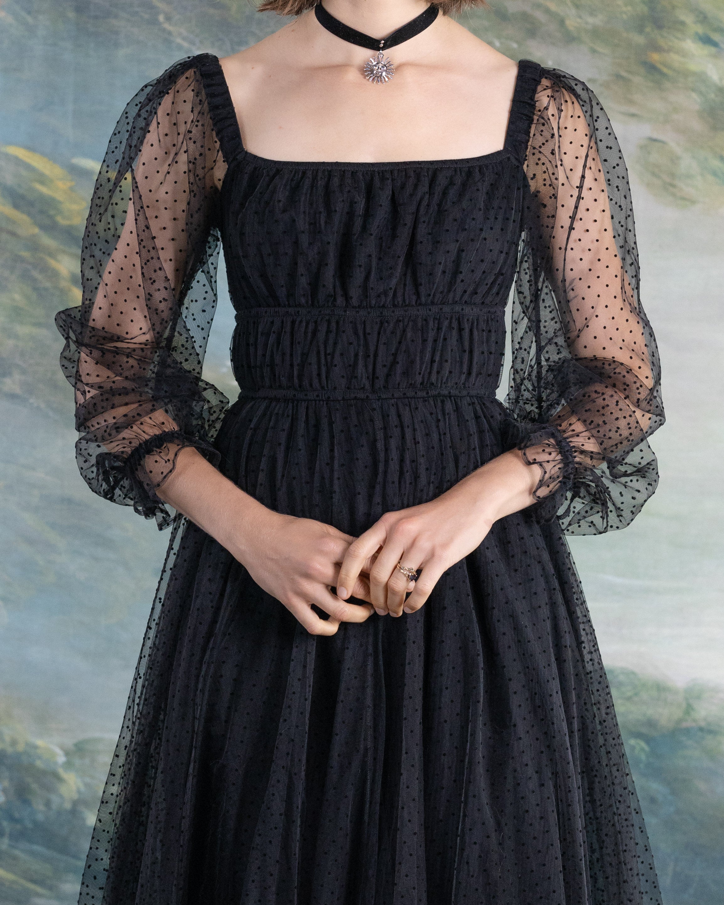 Black Tulle Dot Milkmaid Dress | French Meadows