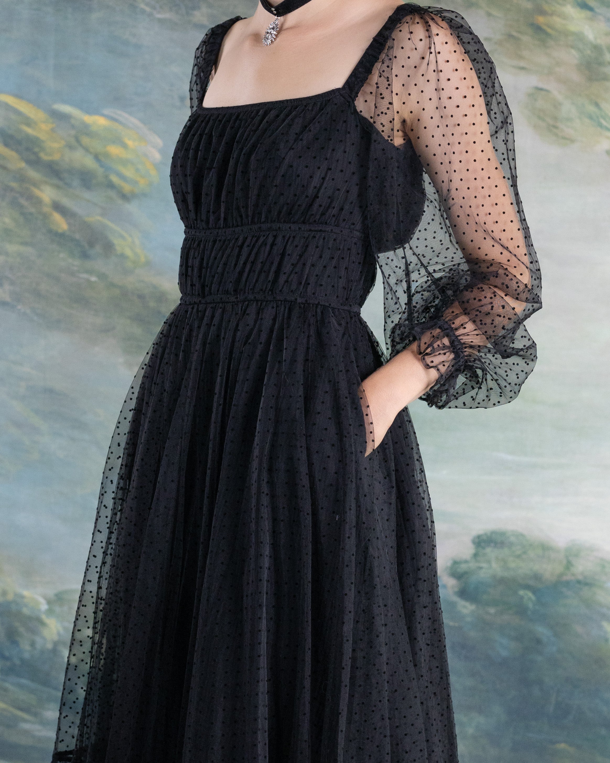 Black Tulle Dot Milkmaid Dress | French Meadows