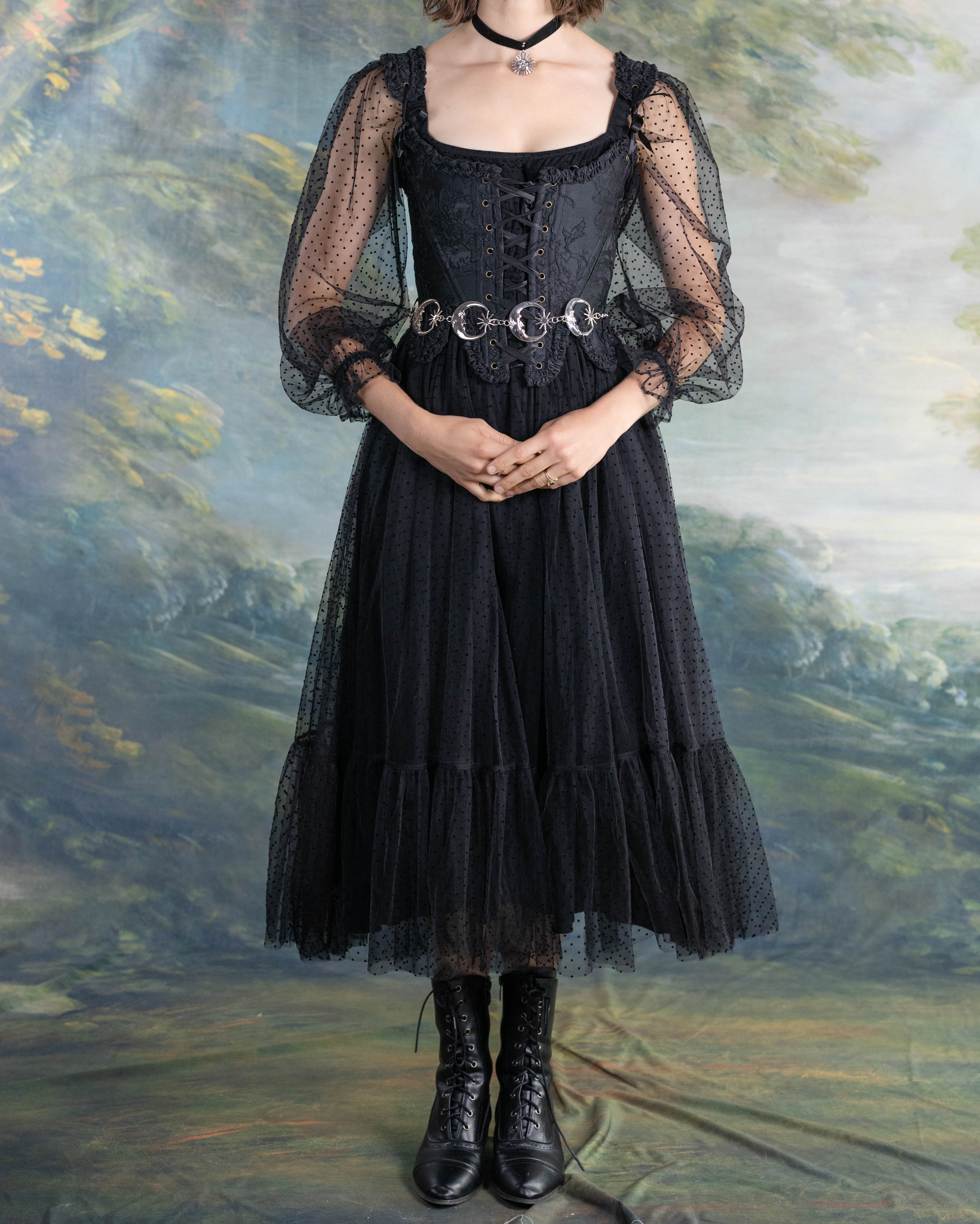 Black Tulle Dot Milkmaid Dress | French Meadows