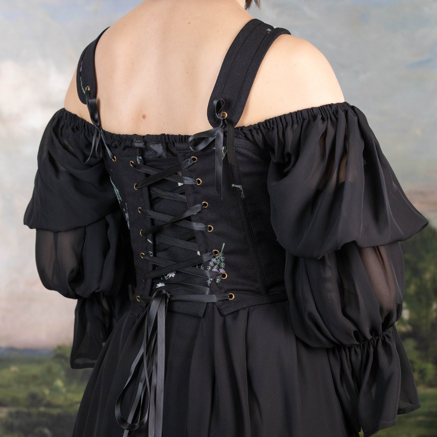 back view of black corset bodice