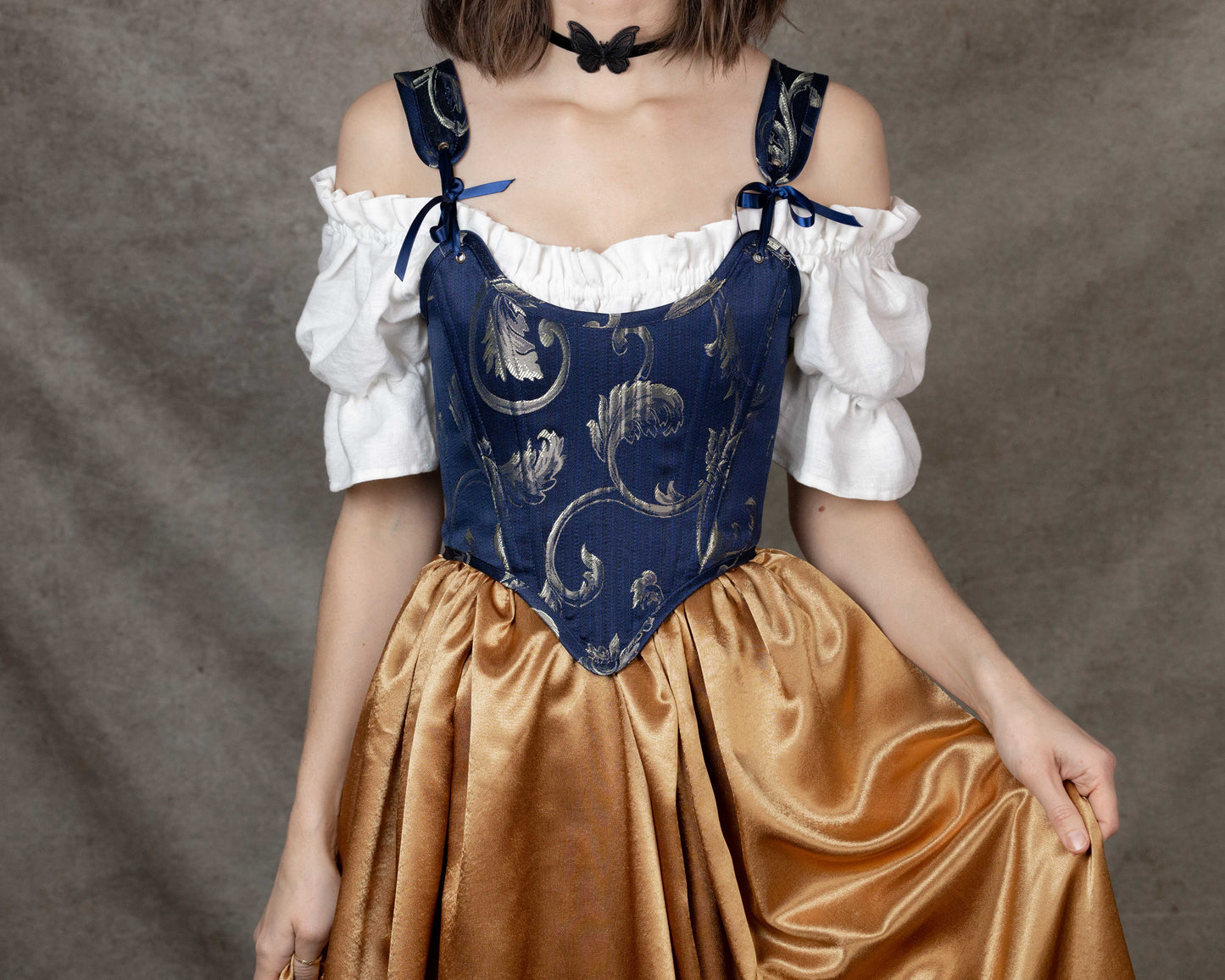 Handmade Blue and Gold Jacquard Stays with floral brocade bodice, adjustable straps, and golden satin skirt, princess and knight aesthetic