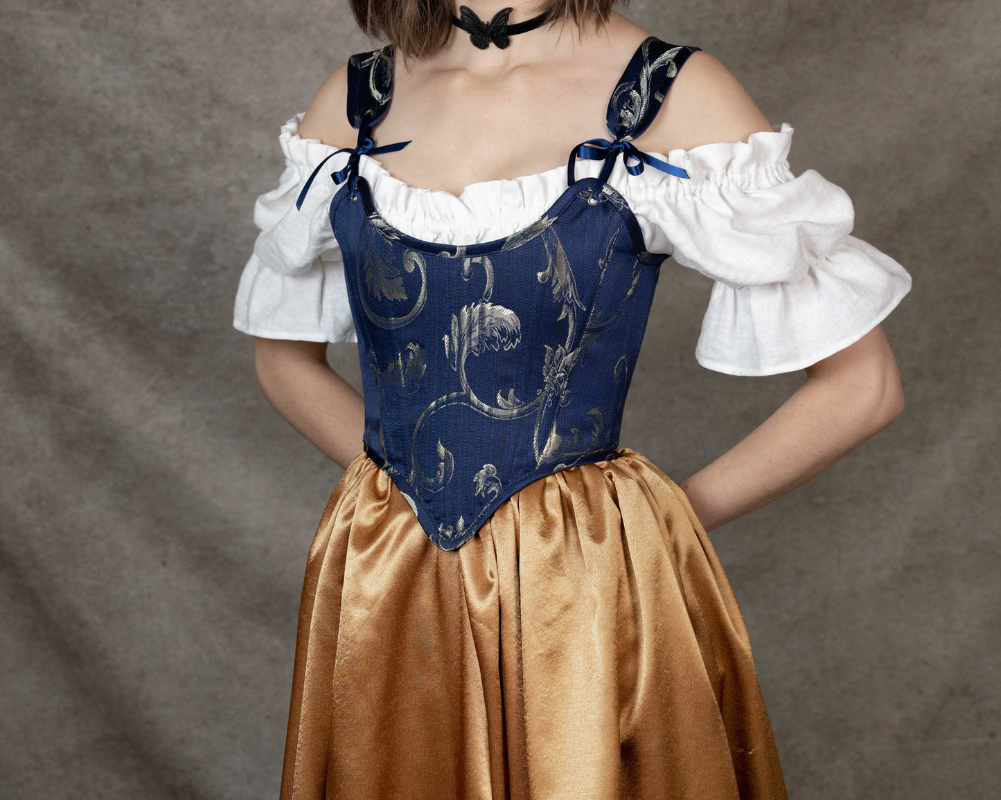 Handmade Blue and Gold Jacquard Stays with floral corset bodice, adjustable straps, and golden satin skirt in princess and knight style