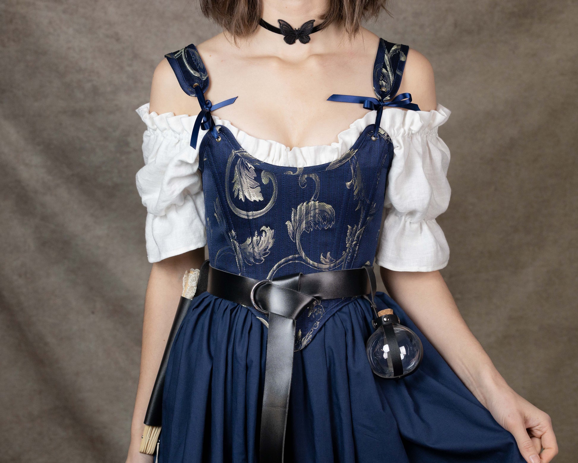 Handmade Blue and Gold Jacquard Stays with floral brocade bodice, adjustable straps, and navy skirt in princess and knight style