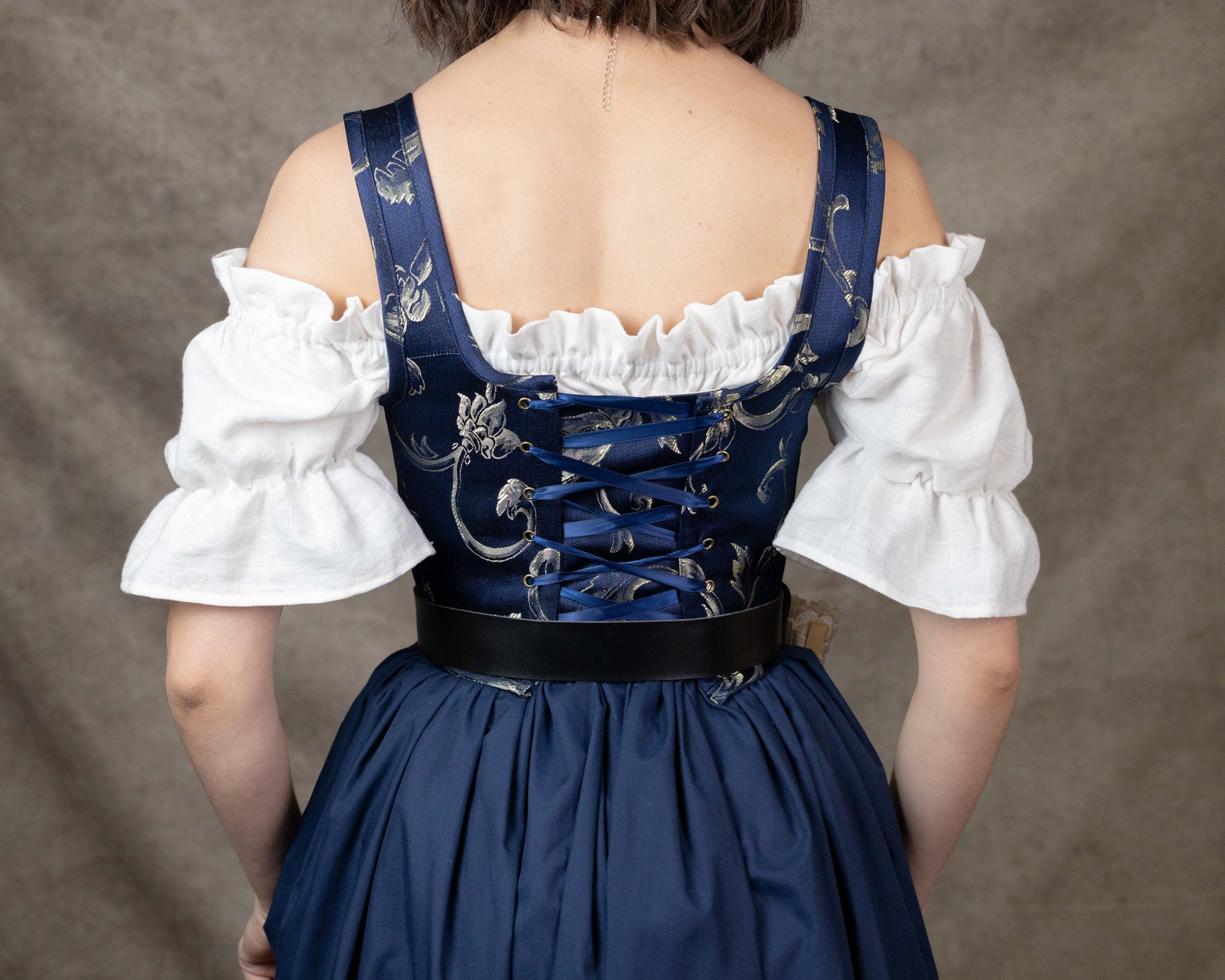 Handmade Blue and Gold Jacquard Stays with floral brocade back lace-up and navy skirt in princess and knight style