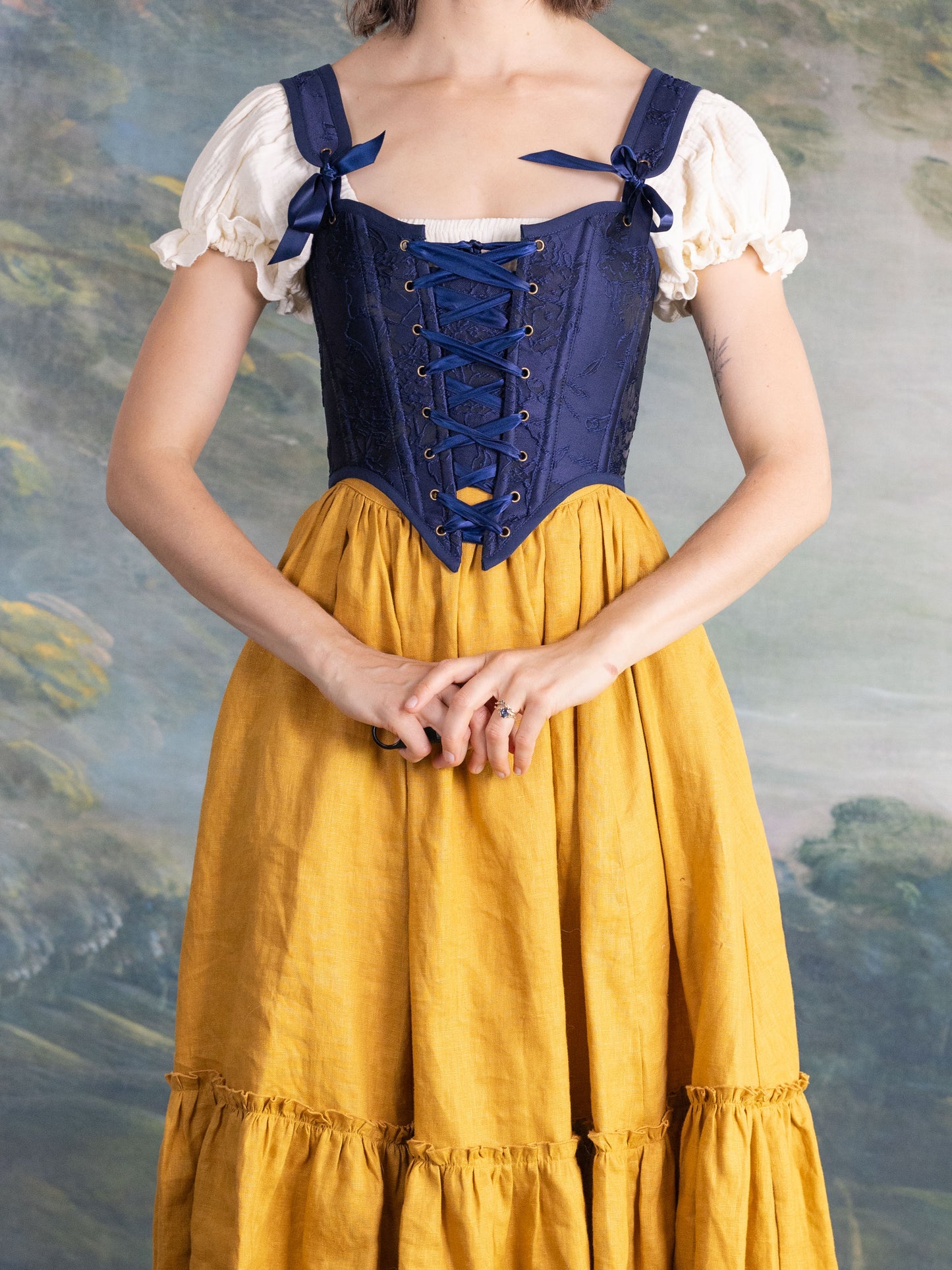 Dark Blue Floral Jacquard Corset