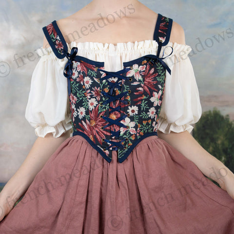 Dark Blue Floral Tapestry Corset Top