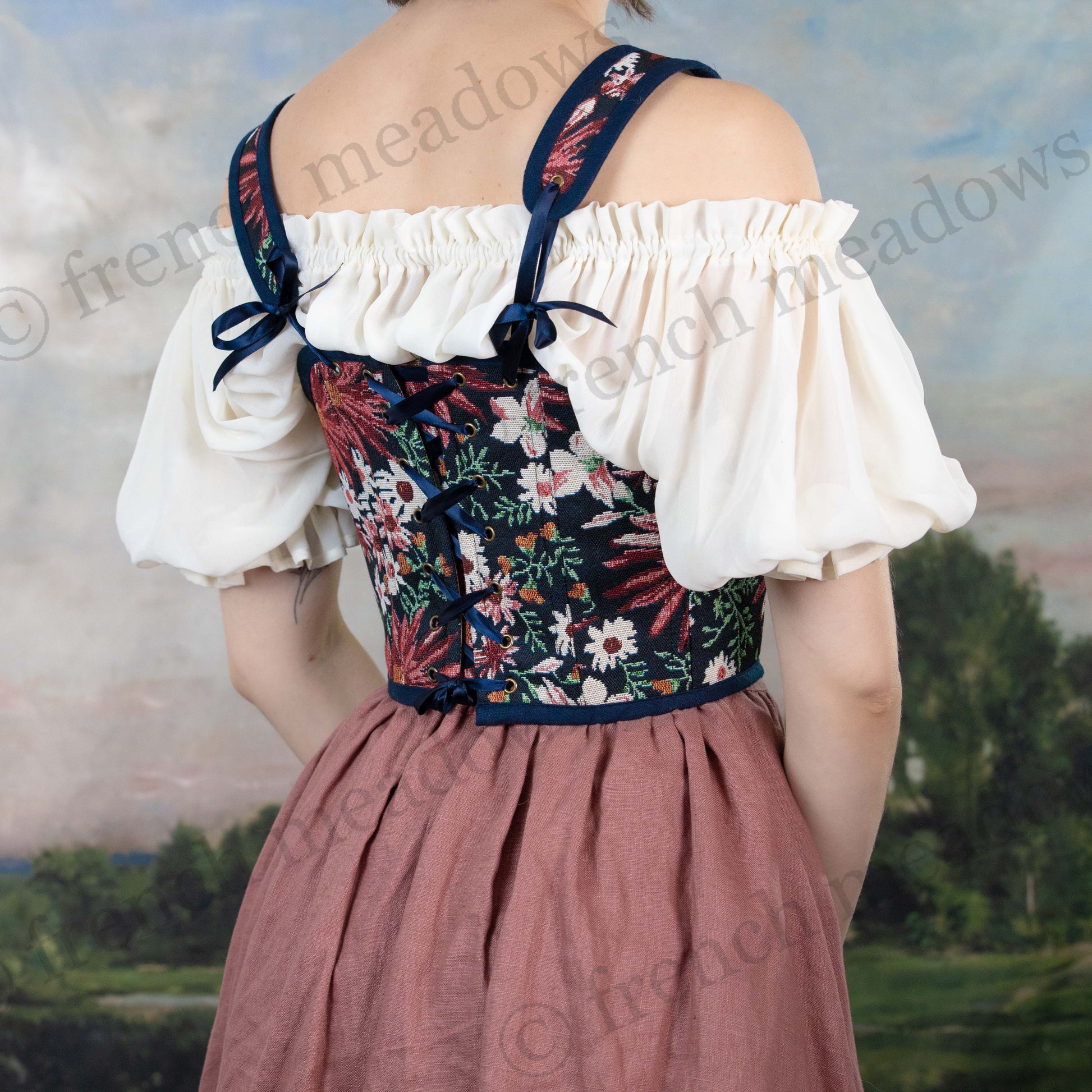 back view of floral corset top with removable straps