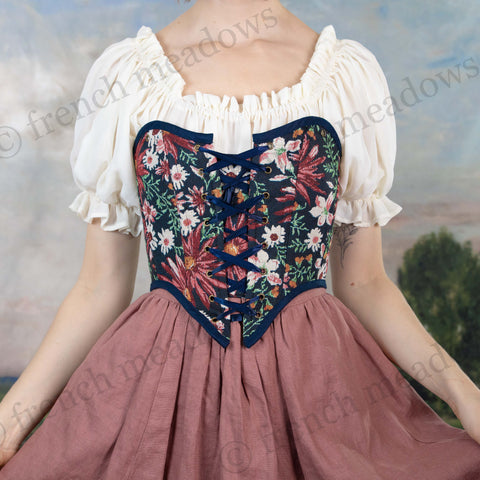 Dark Blue Floral Tapestry Corset Top