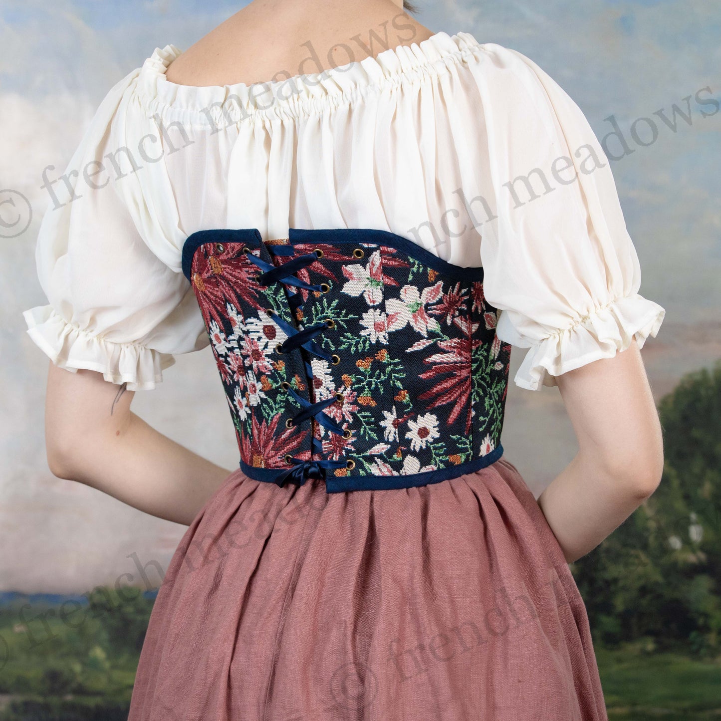 back view of floral corset top with removable straps