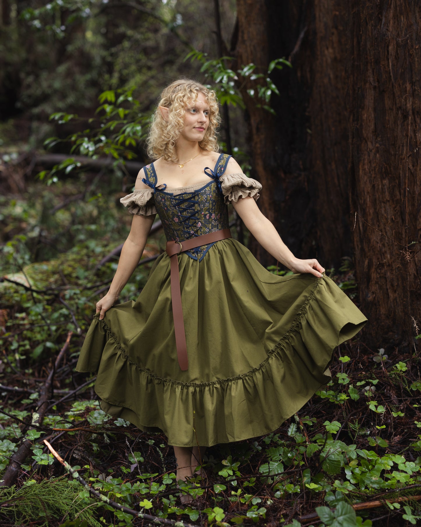Olive Green Linen Midi Skirt