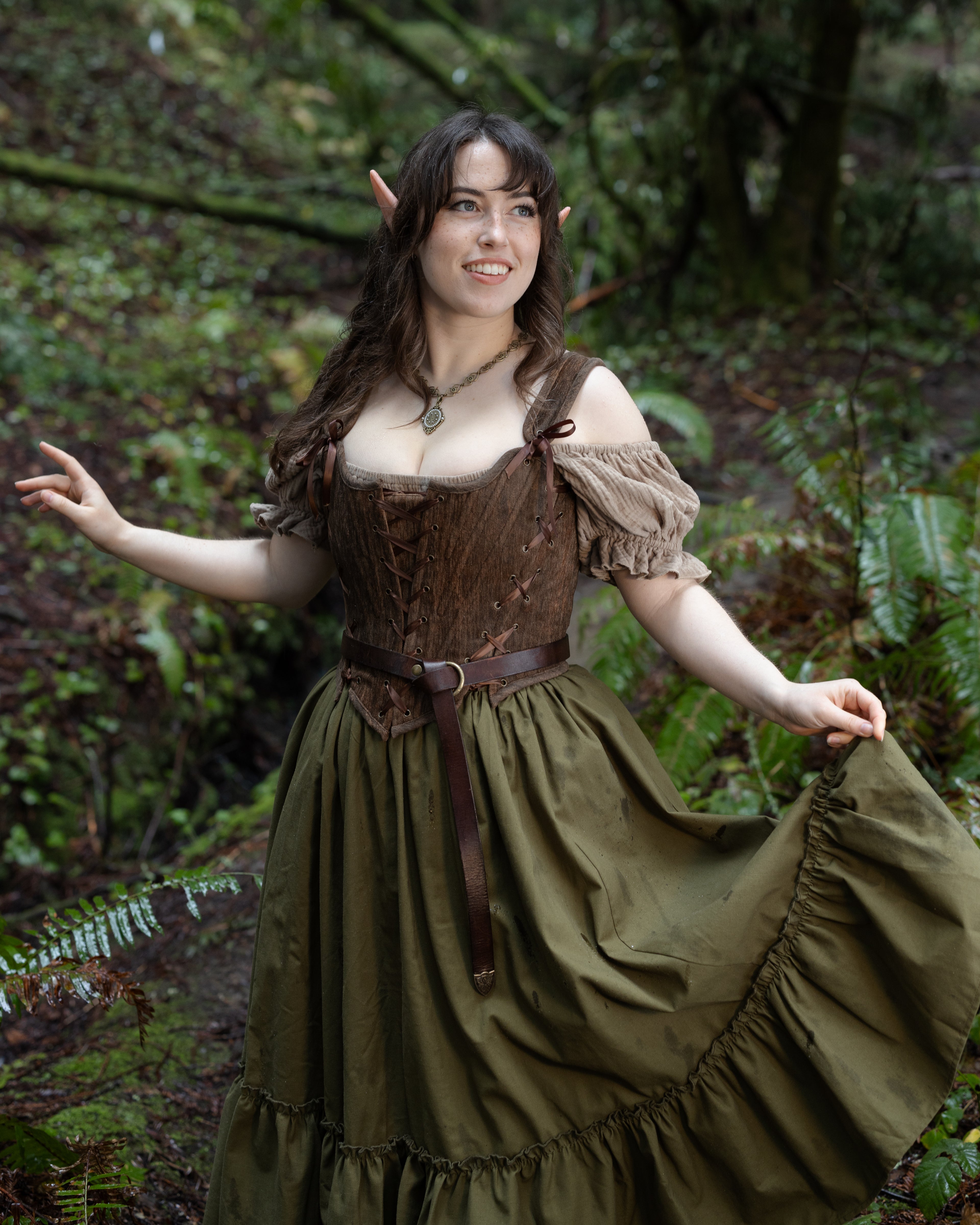 Brown Princess Stays corset worn by model in a forest setting, gallery position 6, portrait orientation, 4000x5000 pixels