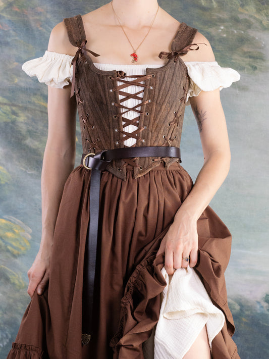 Brown Princess Stays corset with adjustable lacing worn over white blouse and brown skirt with belt detail