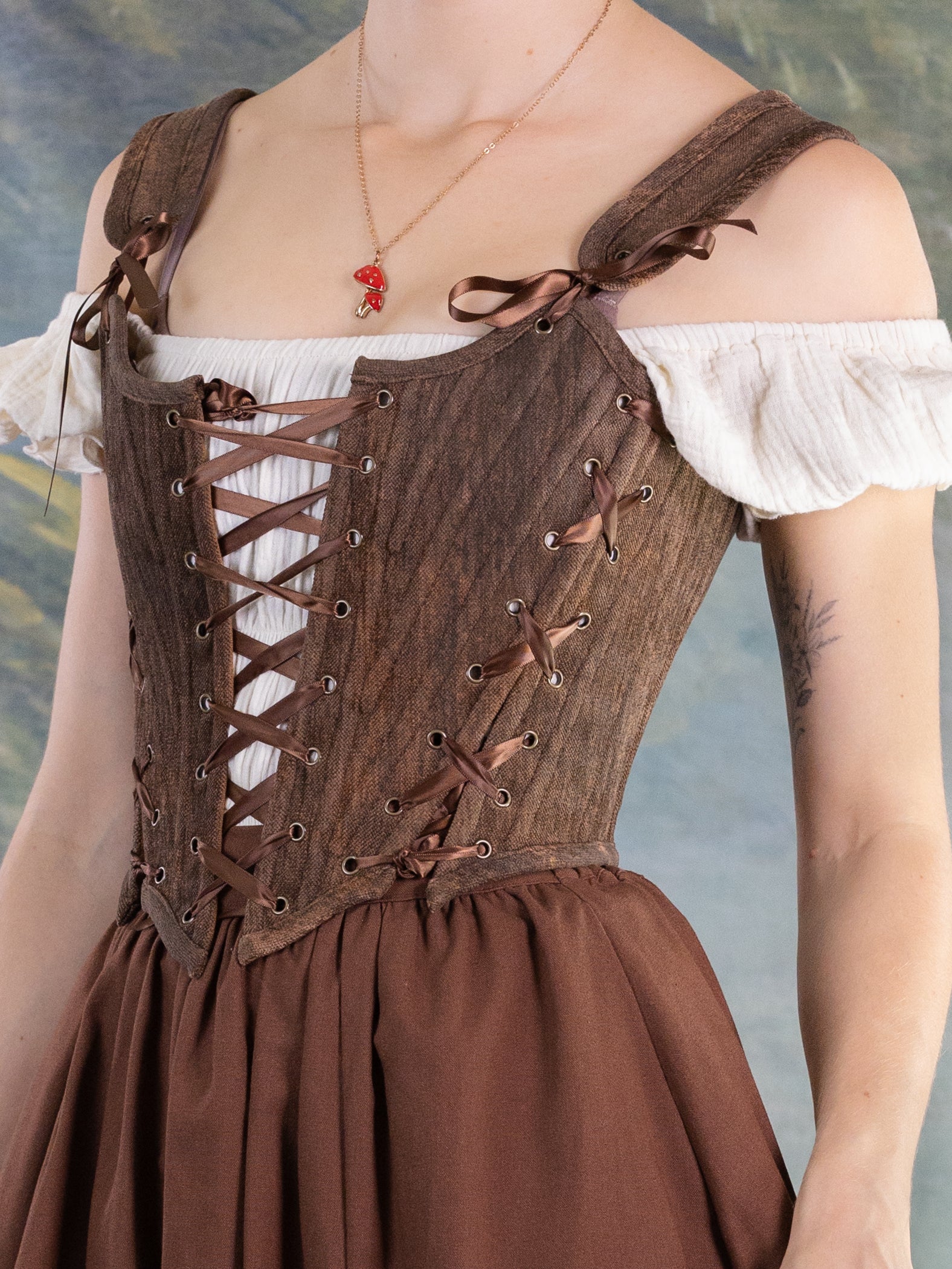 Brown Princess Stays corset designed for an adjustable, comfortable fit with detailed lacing and soft brown fabric.