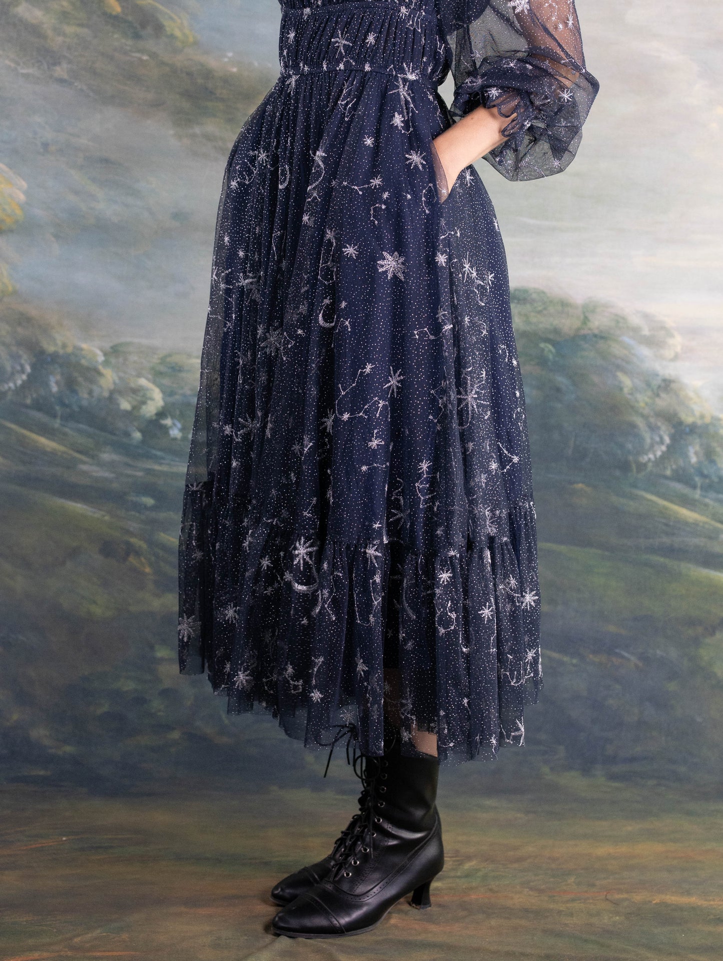 Celestial Tulle Dress with navy blue tulle featuring star and celestial patterns over cotton gauze fabric.