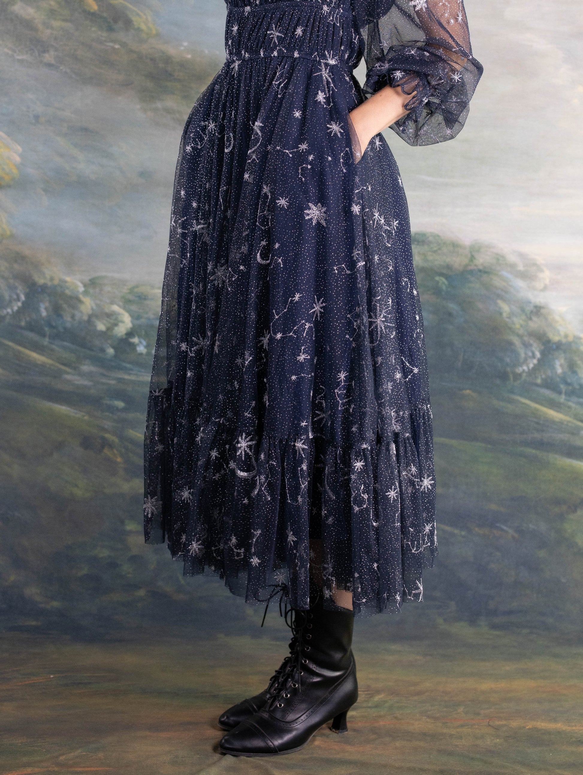 Celestial Tulle Dress with navy blue tulle featuring star and celestial patterns over cotton gauze fabric.
