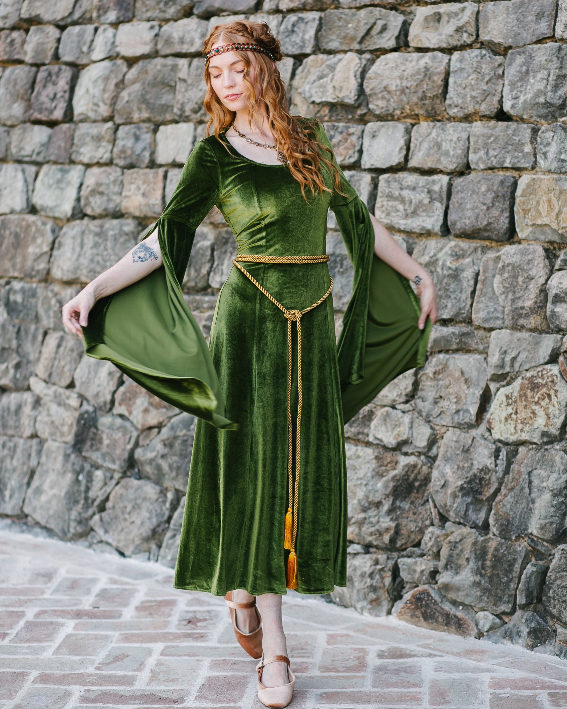 Chartreuse Velvet Bell Sleeve Dress L