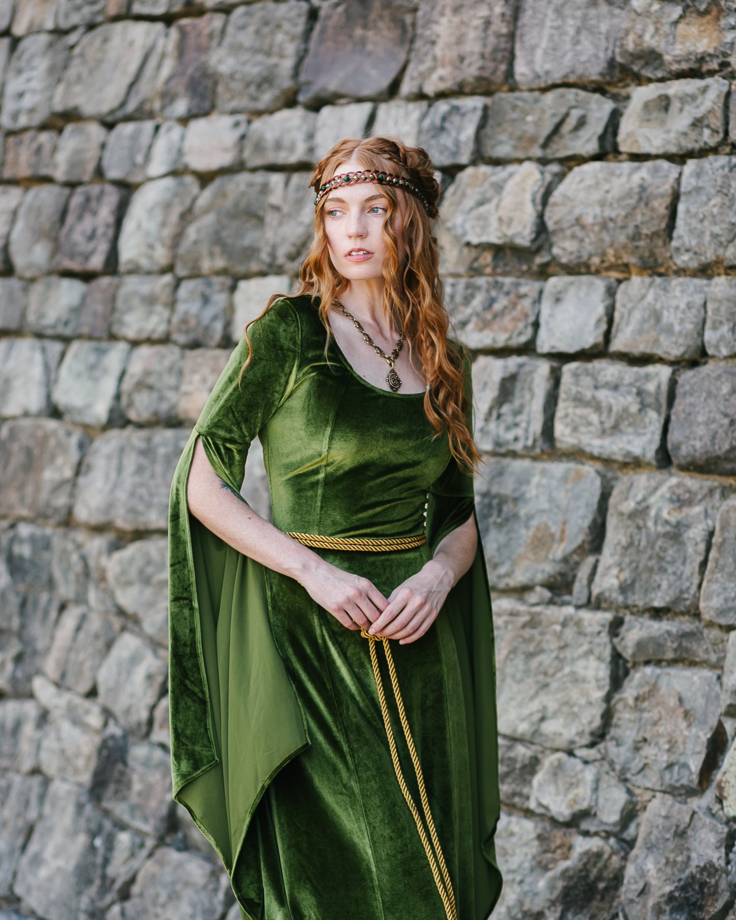 Chartreuse Velvet Bell Sleeve Dress