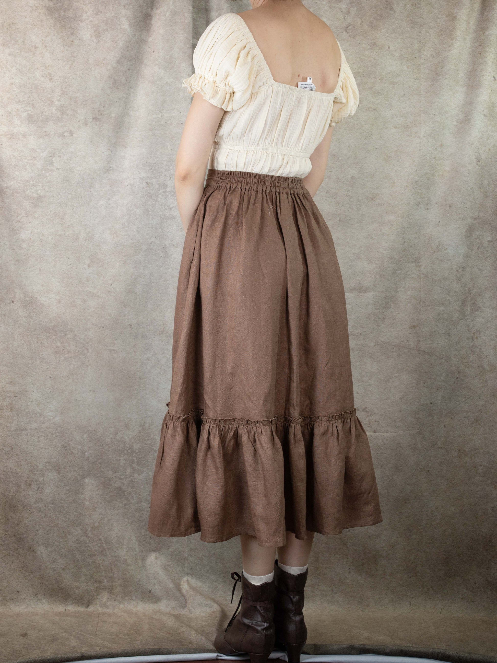 back view of skirt shows elasticized waistband on linen skirt