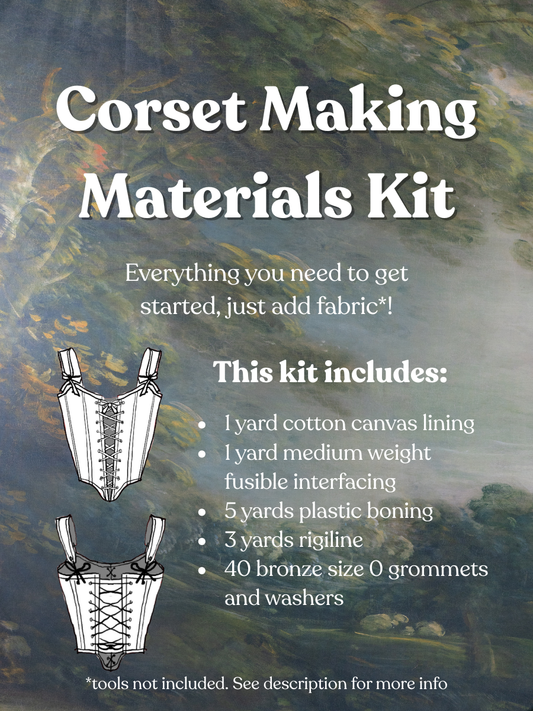Corset making materials kit details including canvas lining, fusible interfacing, plastic boning, rigiline, and grommets.