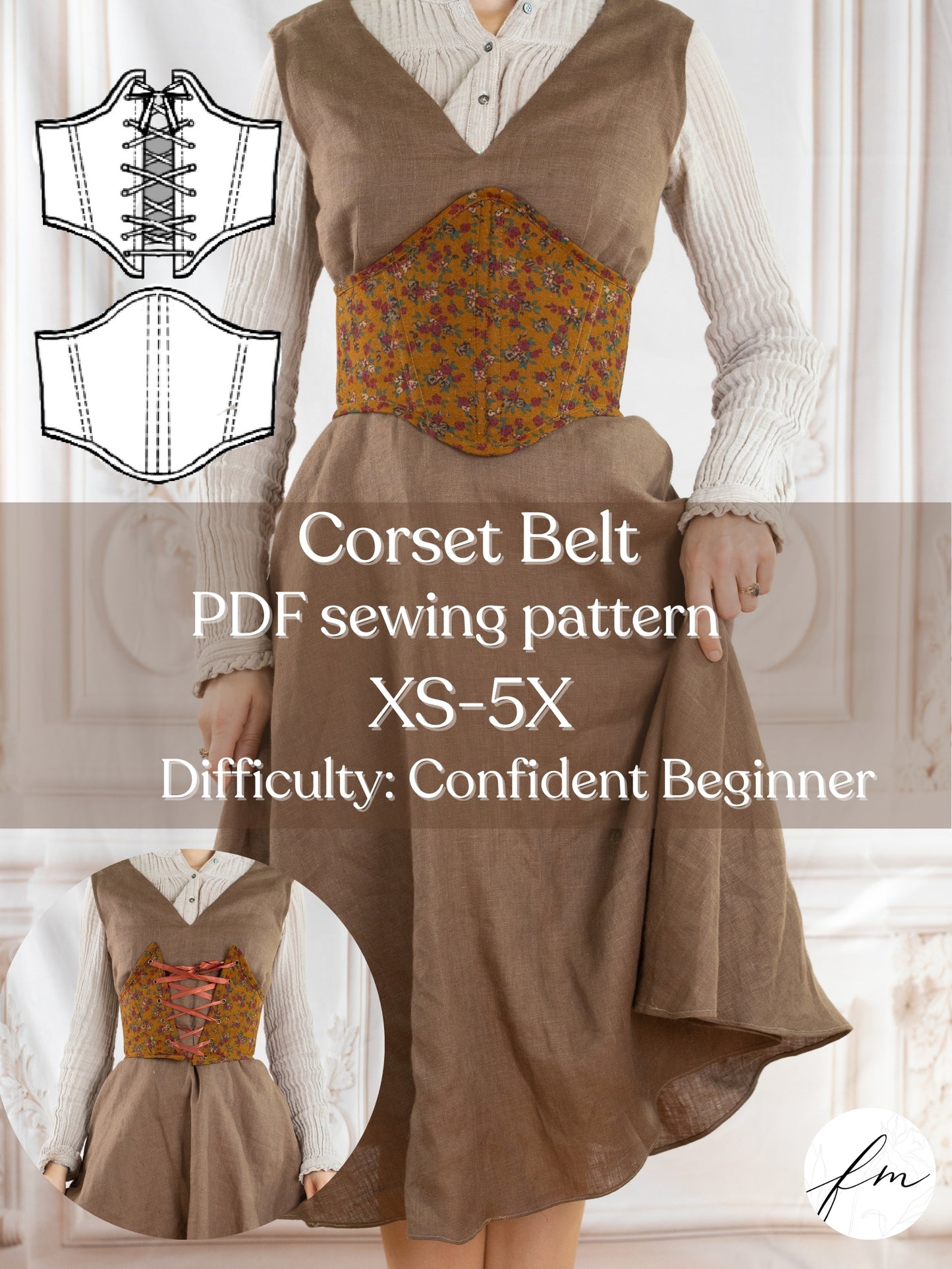Woman wearing floral corset belt over brown dress Corset Belt PDF Sewing Pattern with lacing options