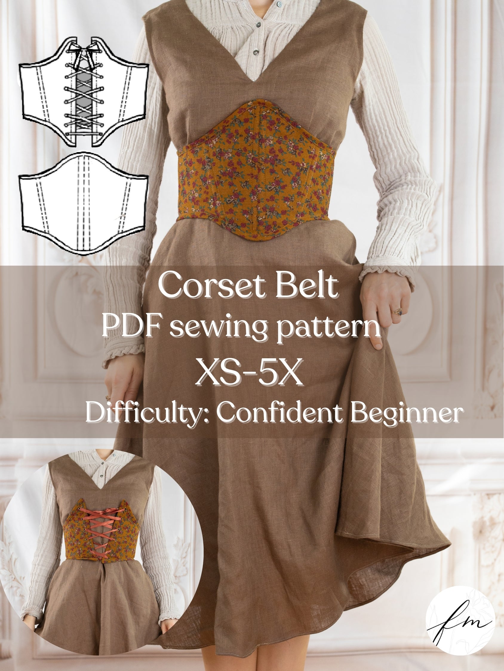 Woman wearing floral corset belt over brown dress Corset Belt PDF Sewing Pattern with lacing options