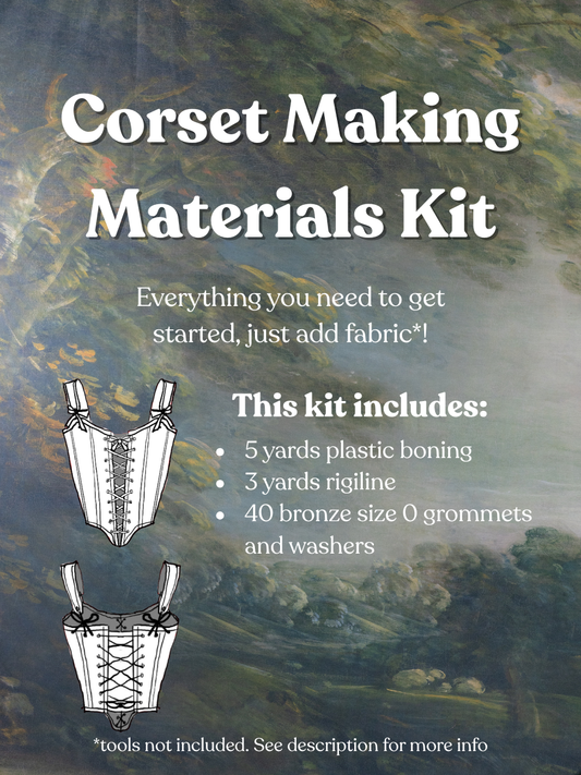 Corset making materials kit details including, plastic boning, rigiline, and grommets.