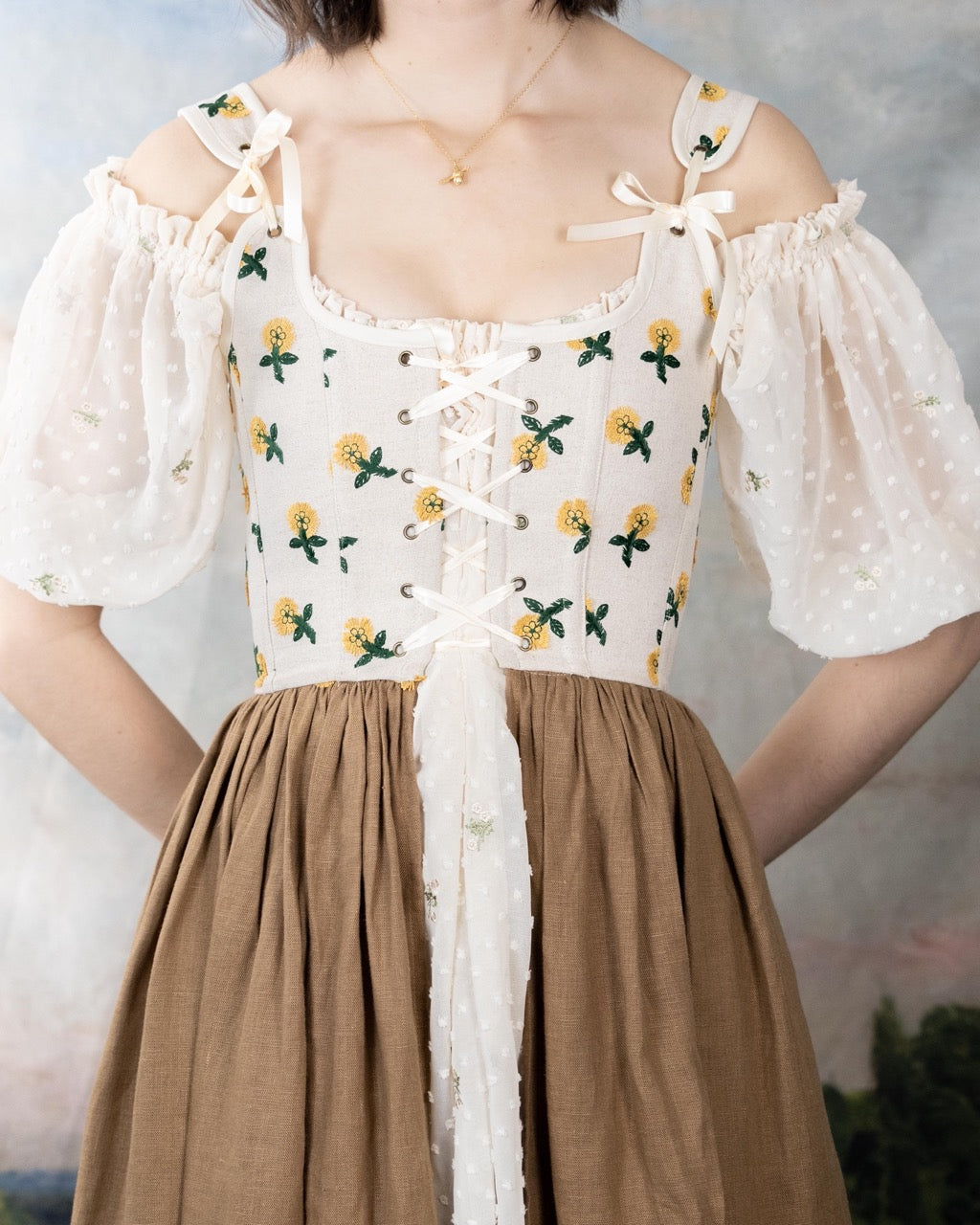 Handmade Ivory Dandelion Linen Corset Dress 22