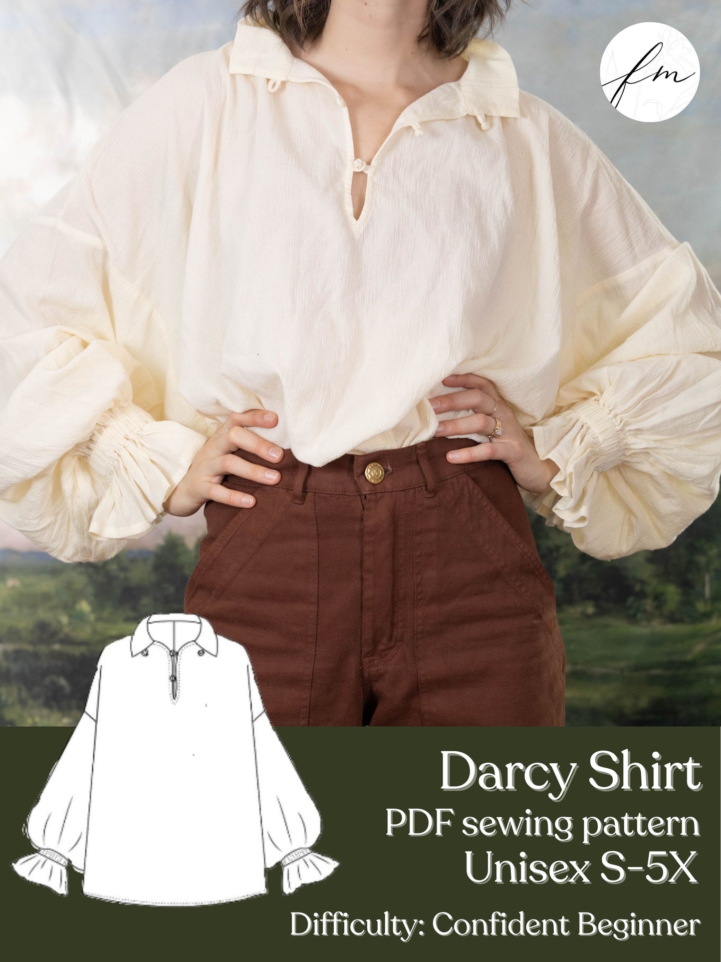 Darcy Shirt PDF Sewing Pattern featuring billowing sleeves and a vintage-inspired collar for a refined unisex look