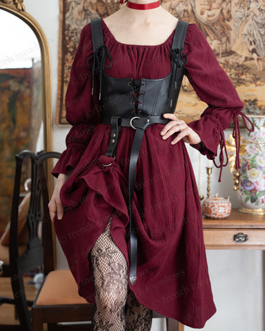 Dark Red Cotton Long Puff Sleeve Chemise