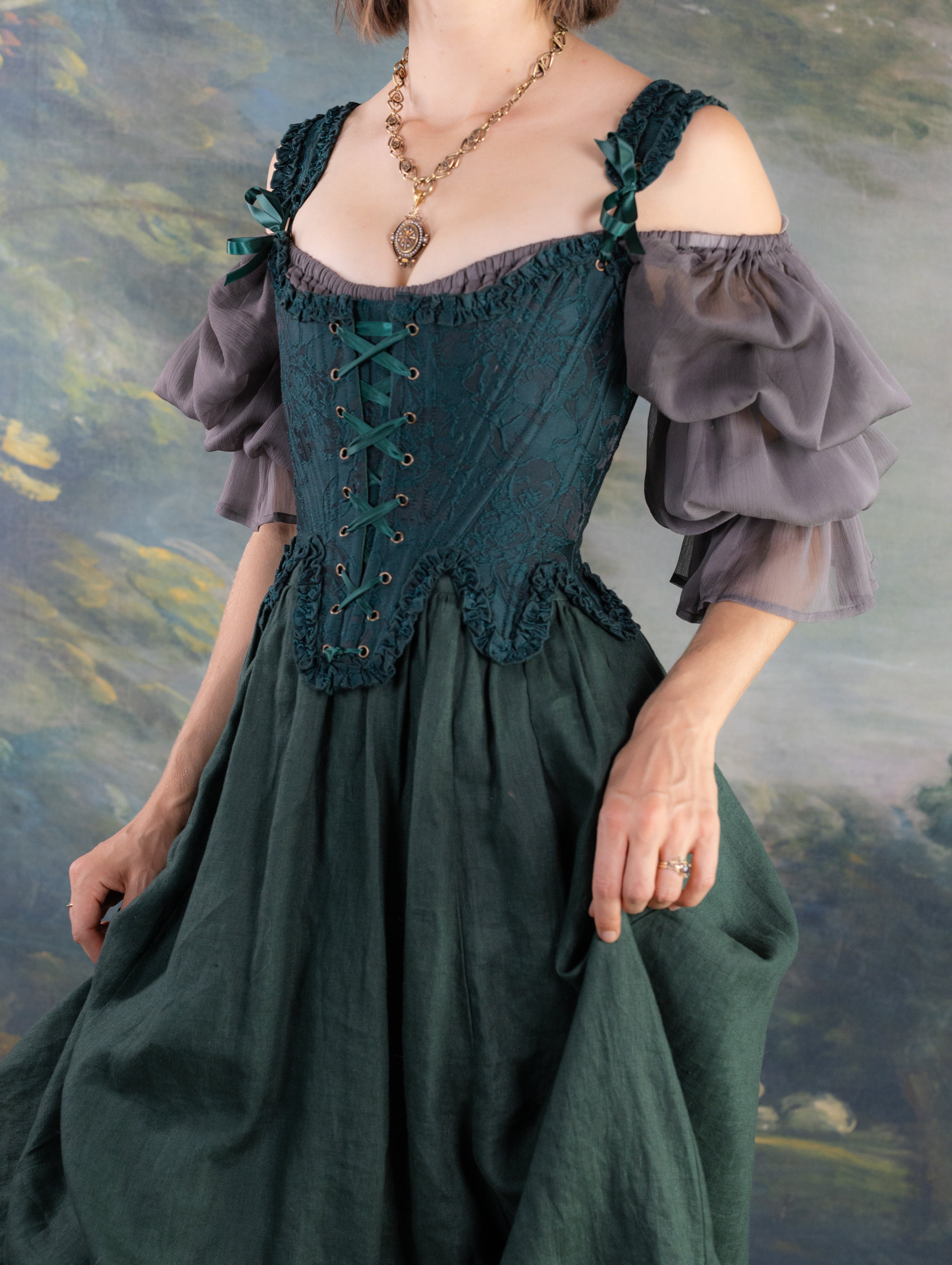 Dark Green Floral Jacquard 18th Century Stays | Ruffle Rococo