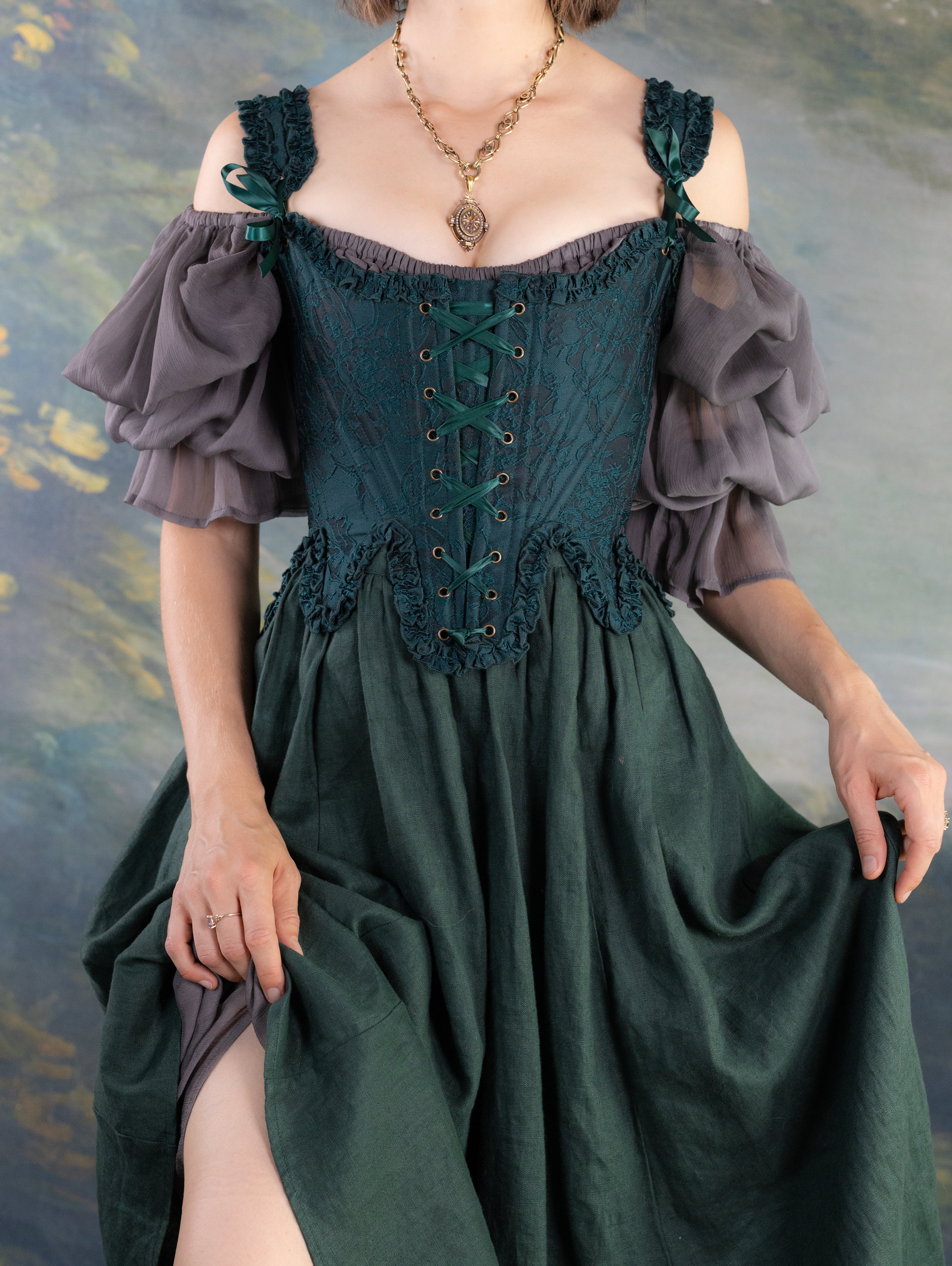 Dark Green Floral Jacquard 18th Century Stays | Ruffle Rococo