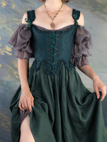 Dark Green Floral Jacquard 18th Century Stays