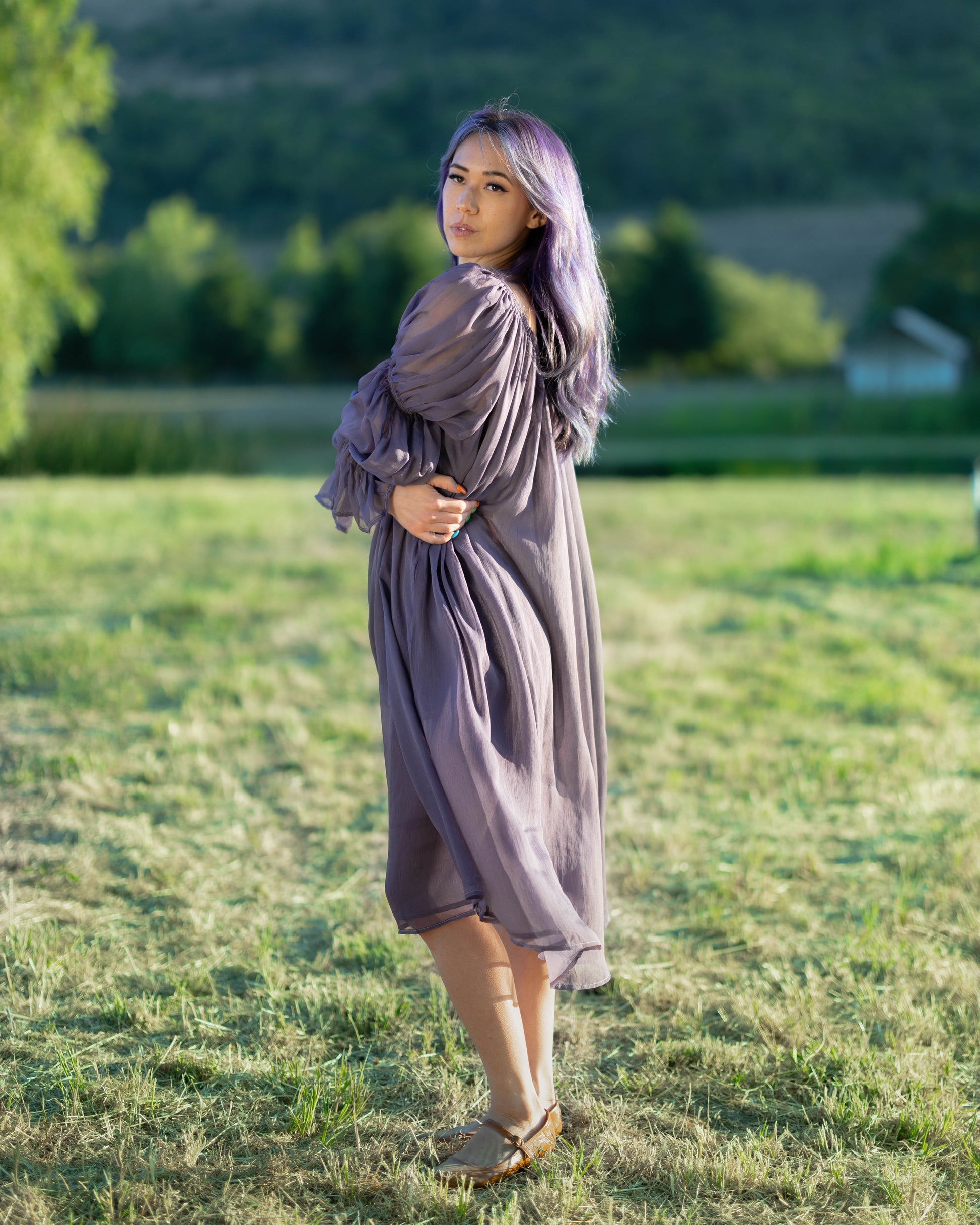 purple chiffon dress Luxury Purple V-Neck Beaded Chiffon Evening Dress with Cape Sleeves SS053