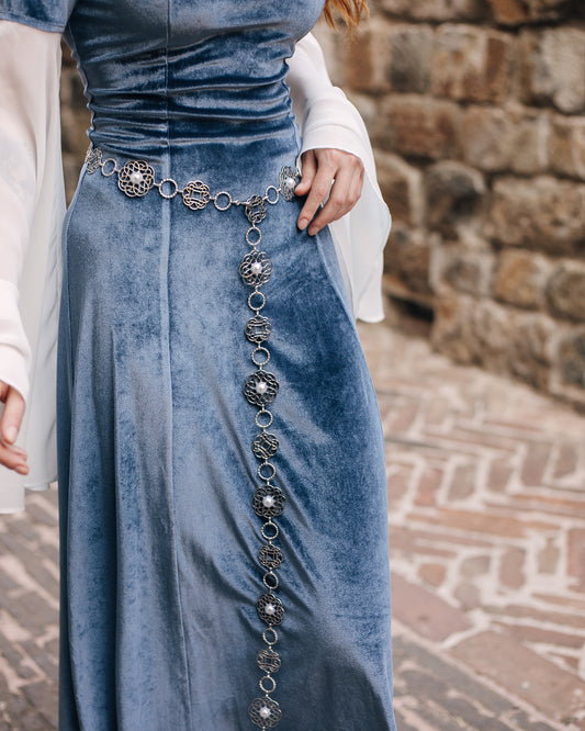 Rosette Medieval Chain Belt with intricate filigree rosette medallions worn over a blue velvet Tudor-style dress