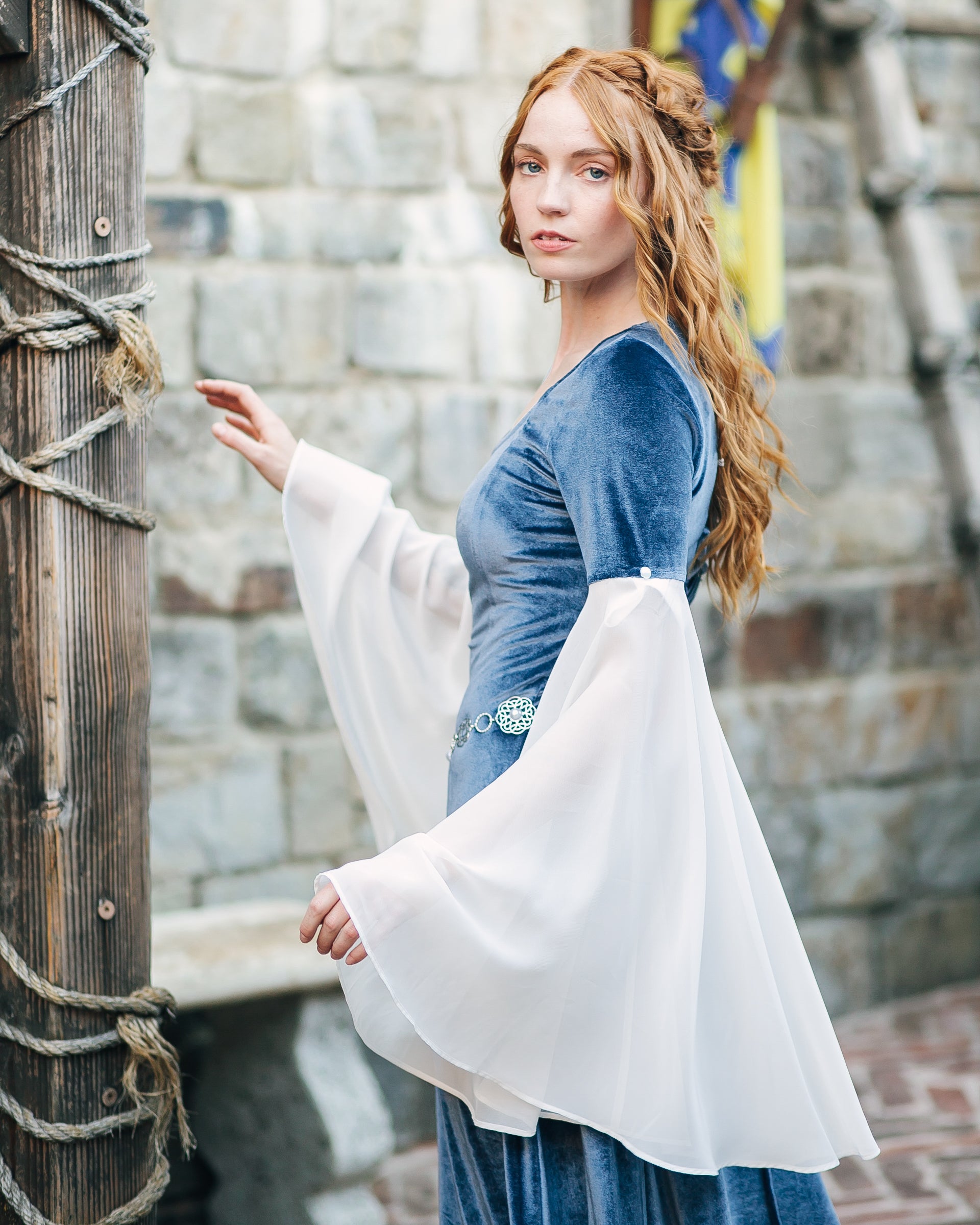Elven Blue Velvet Bell Sleeve Dress S