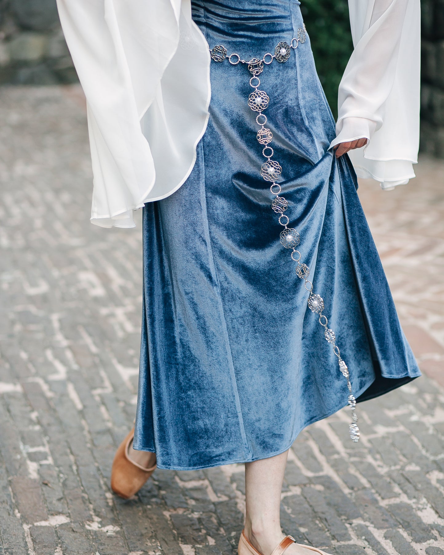 Elven Blue Velvet Bell Sleeve Dress