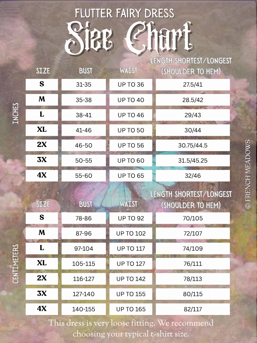 Flutter Fairy Dress size chart showing bust waist and length measurements in inches and centimeters