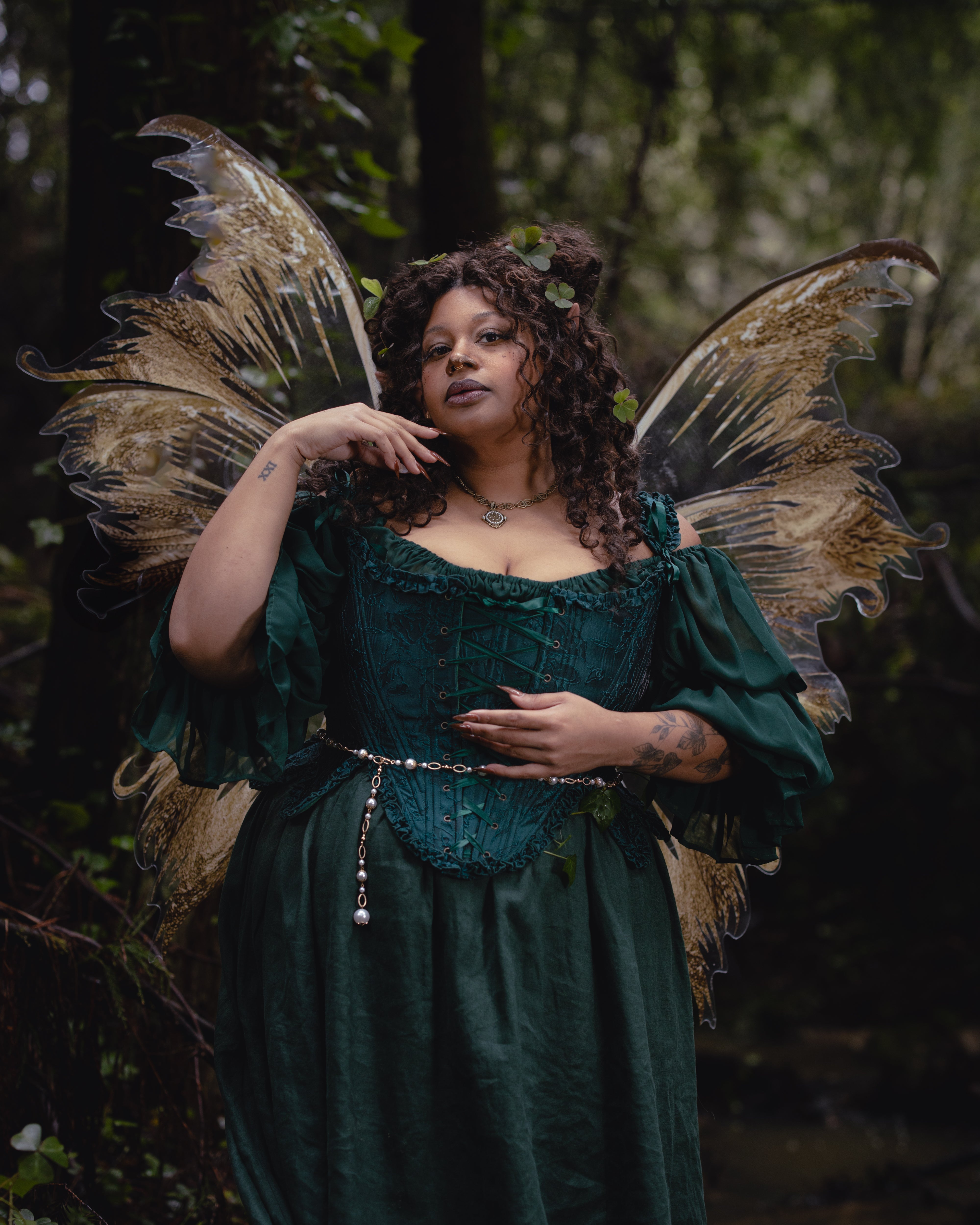 Dark Green Floral Jacquard 18th Century Stays | Ruffle Rococo