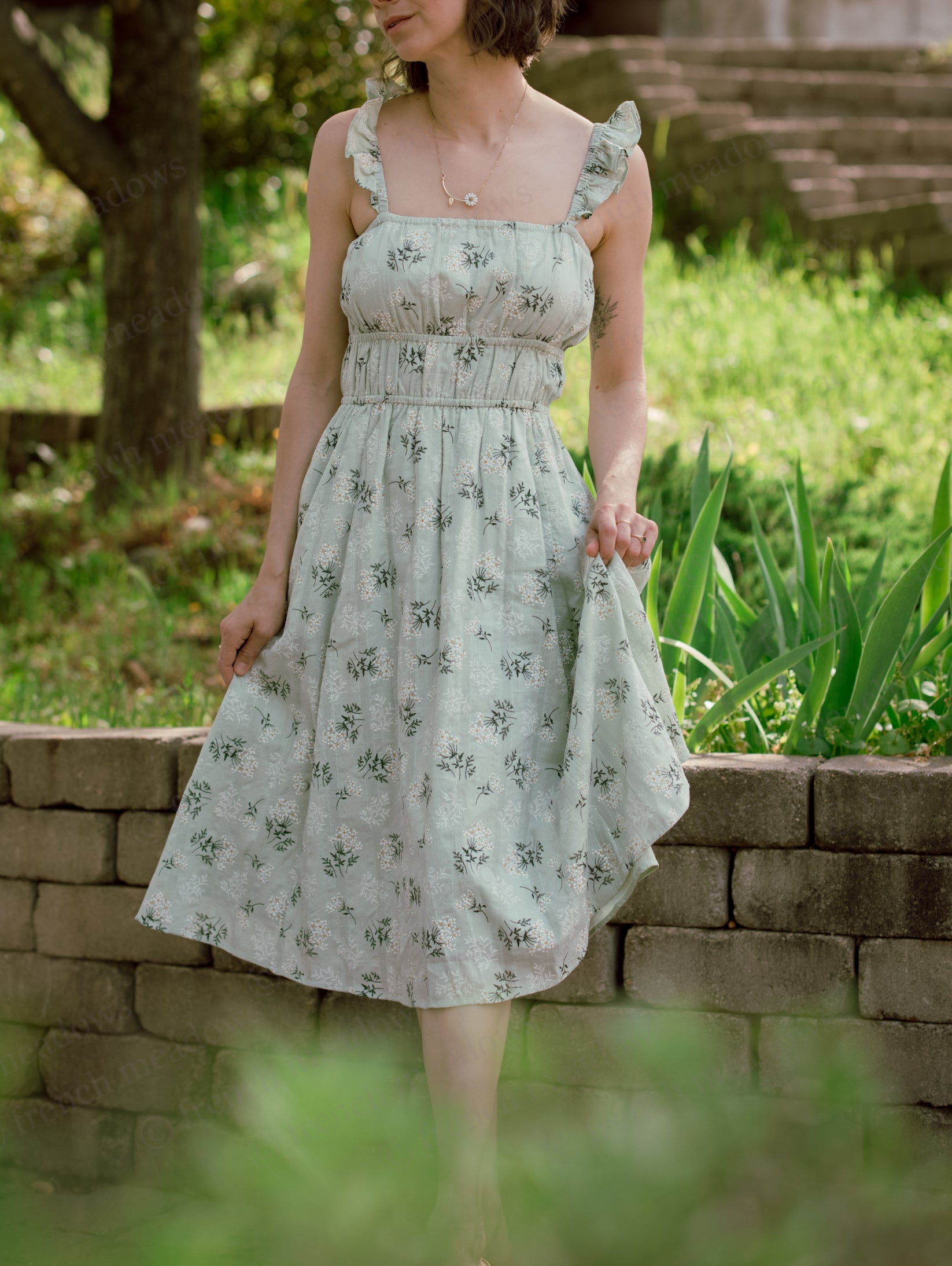 Floral Green Cotton Milkmaid Dress
