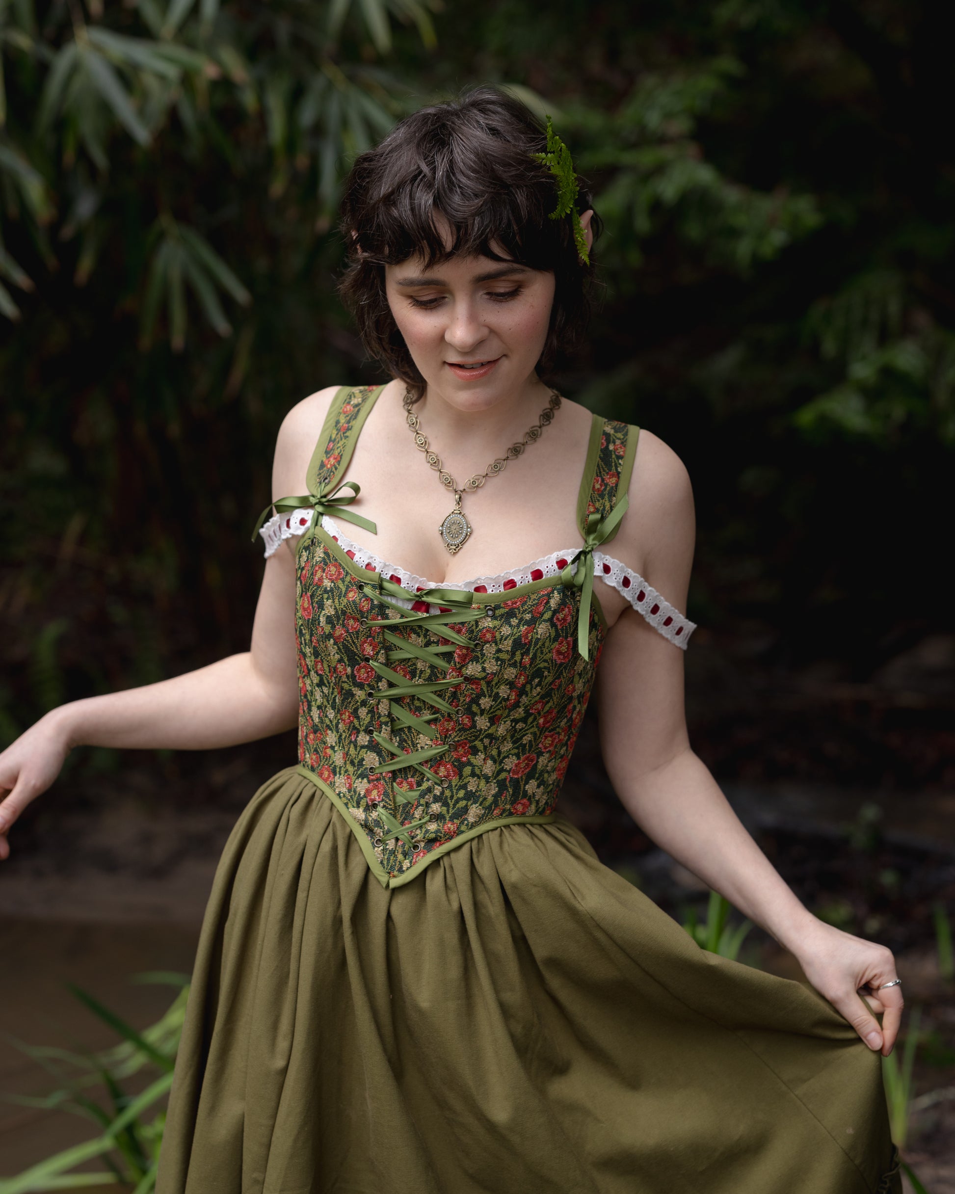 Green Floral Tapestry Corset 3X