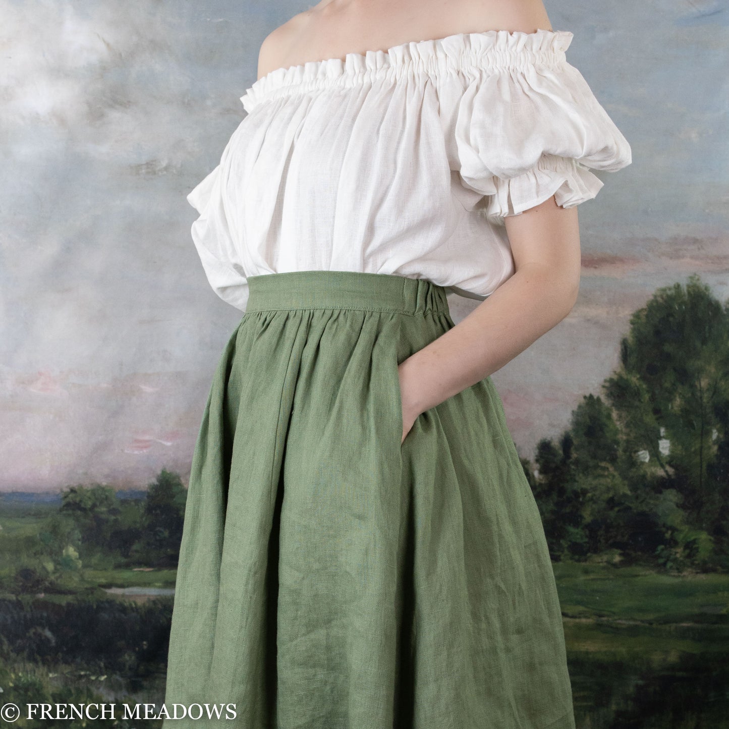 Ivy Green Linen Midi Skirt