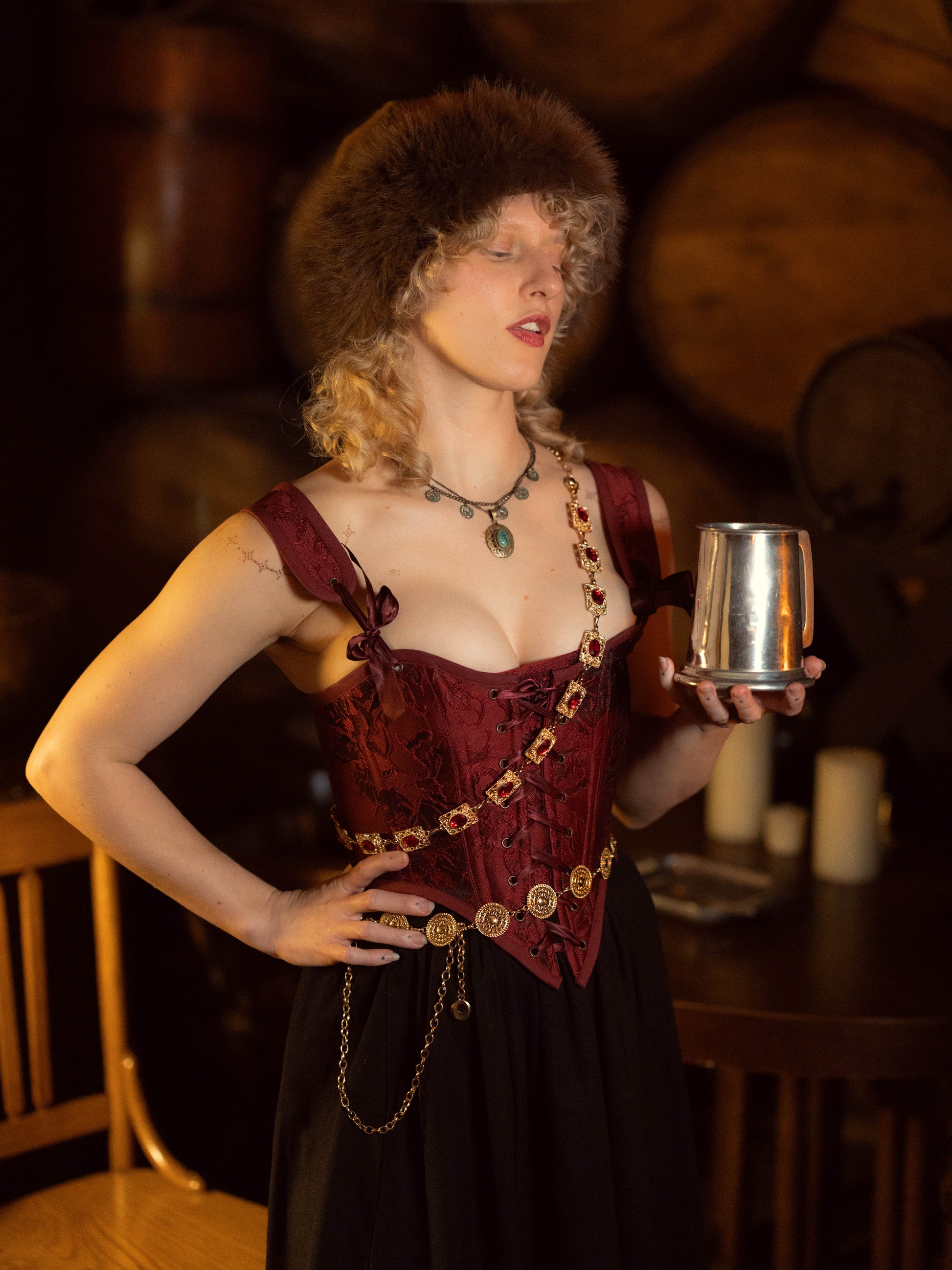 Red Floral Jacquard Satin Corset