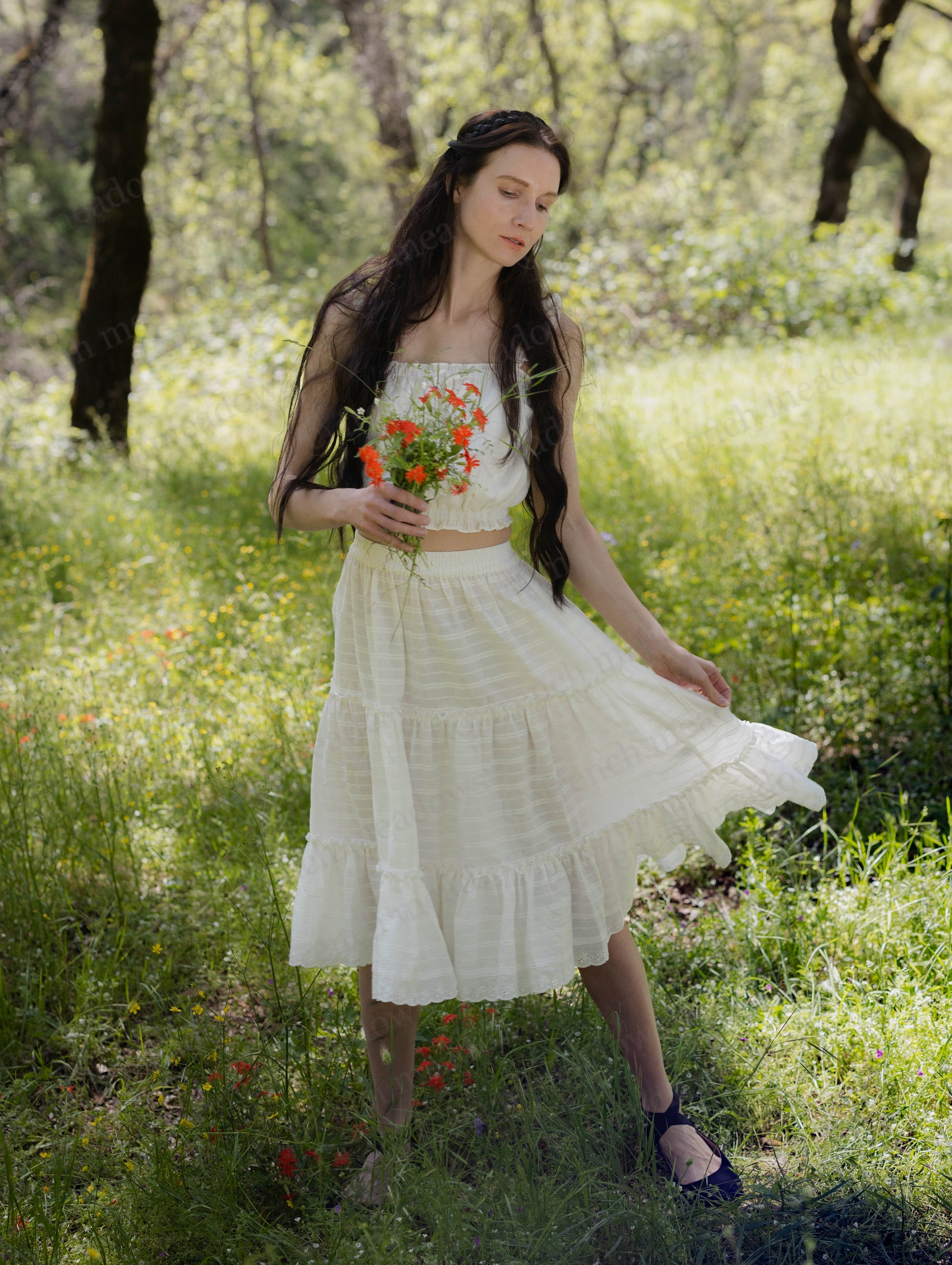 White Cotton Petticoat with three-tier ruffles and lace trim, worn outdoors for a vintage cottagecore look.
